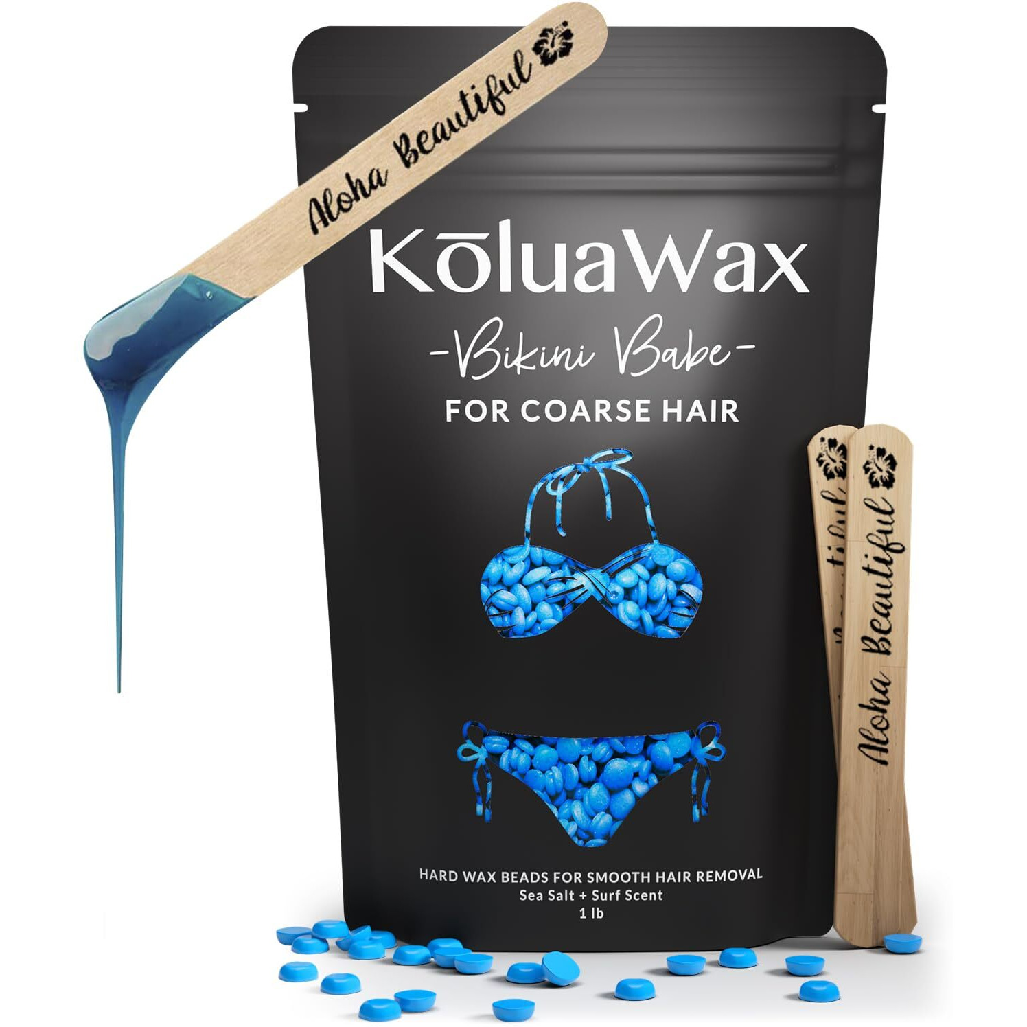 Koluawax Hard Wax Beads For Hair Removal - Coarse Hair Formula - Face, Brazilian, Underarms, Back Chest, Bikini Waxing - Sea Salt & Surf, 1Lb Refill For Wax Warmers & 10 Large Applicator Sticks