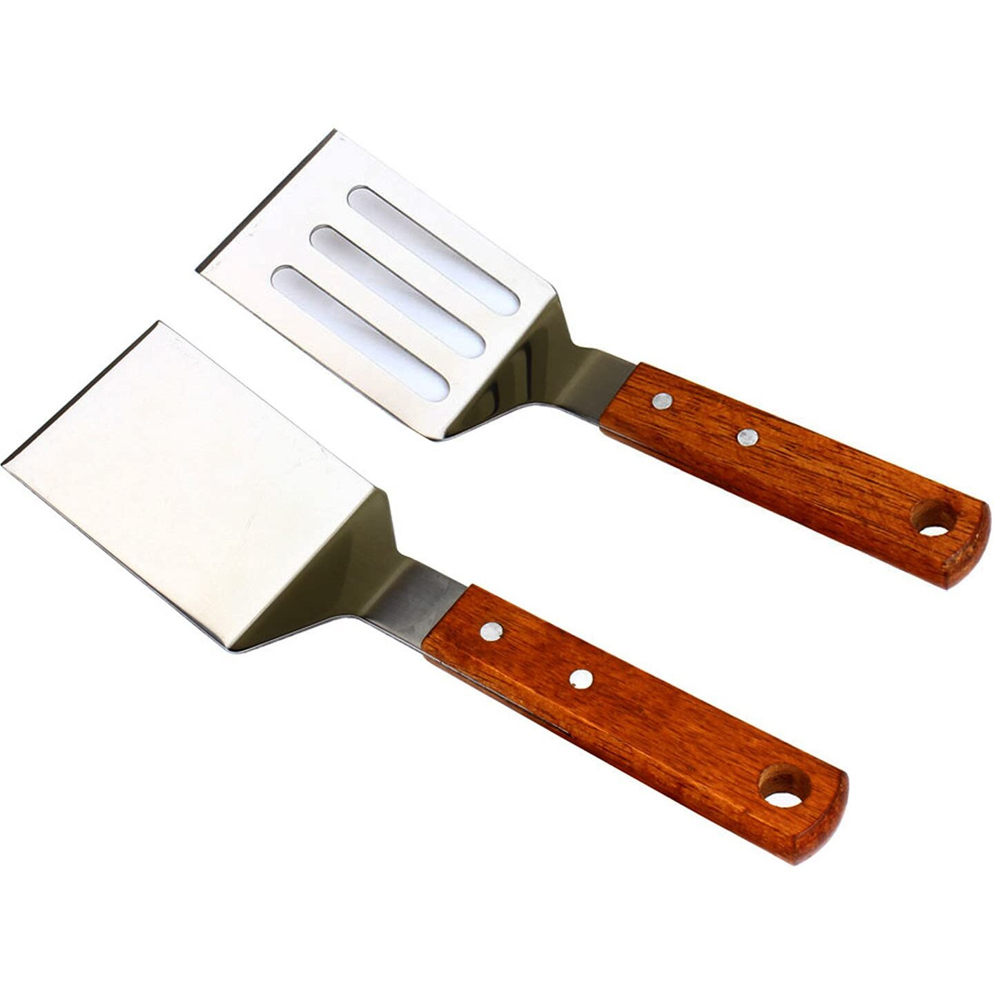 Klaqqed 2 Pcs Metal Spatula For Cast Iron Skillet, Stainless Steel Grill Spatula Slotted Spatula Turner Fish Spatula With Wood Handle, Flat Top Grill Spatula, Griddle Metal Spatulas For Cooking Bbq