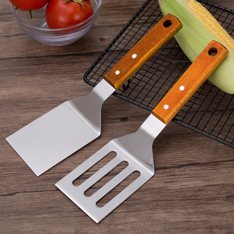 Klaqqed 2 Pcs Metal Spatula For Cast Iron Skillet, Stainless Steel Grill Spatula Slotted Spatula Turner Fish Spatula With Wood Handle, Flat Top Grill Spatula, Griddle Metal Spatulas For Cooking Bbq
