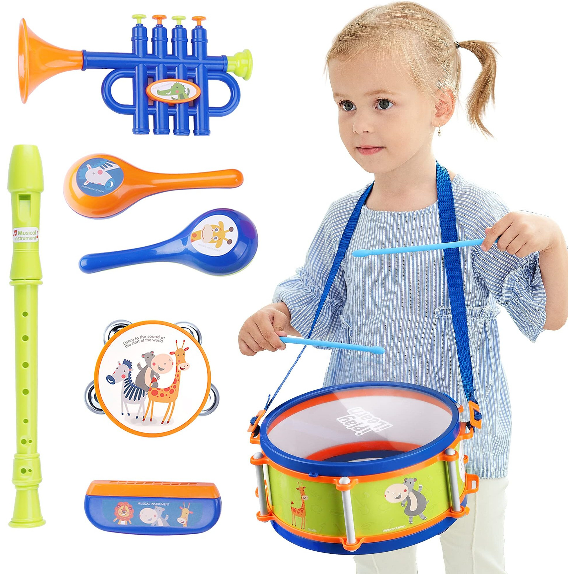 Iplay, Ilearn Toddler Musical Instruments Toys, Kids Drum Set, Baby Trumpet, Percussion, Harmonica, Maraca, Flute, Tambourine, Birthday Gifts For 18 Months Olds Ages 2 3 4 5 Years Boys Girls Children