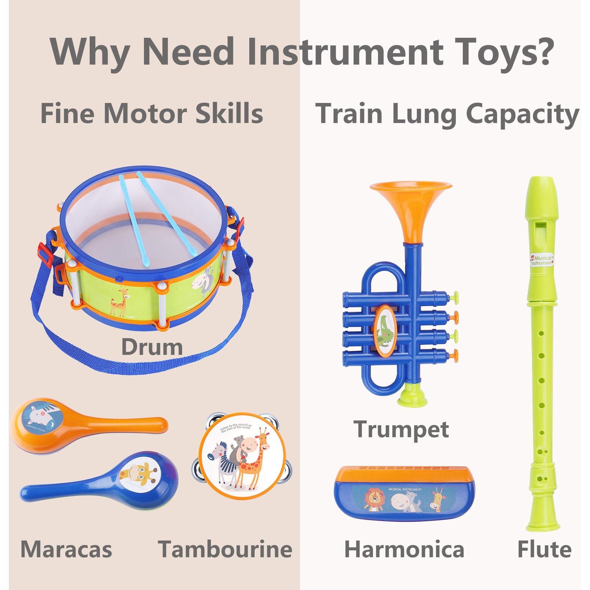 Iplay, Ilearn Toddler Musical Instruments Toys, Kids Drum Set, Baby Trumpet, Percussion, Harmonica, Maraca, Flute, Tambourine, Birthday Gifts For 18 Months Olds Ages 2 3 4 5 Years Boys Girls Children