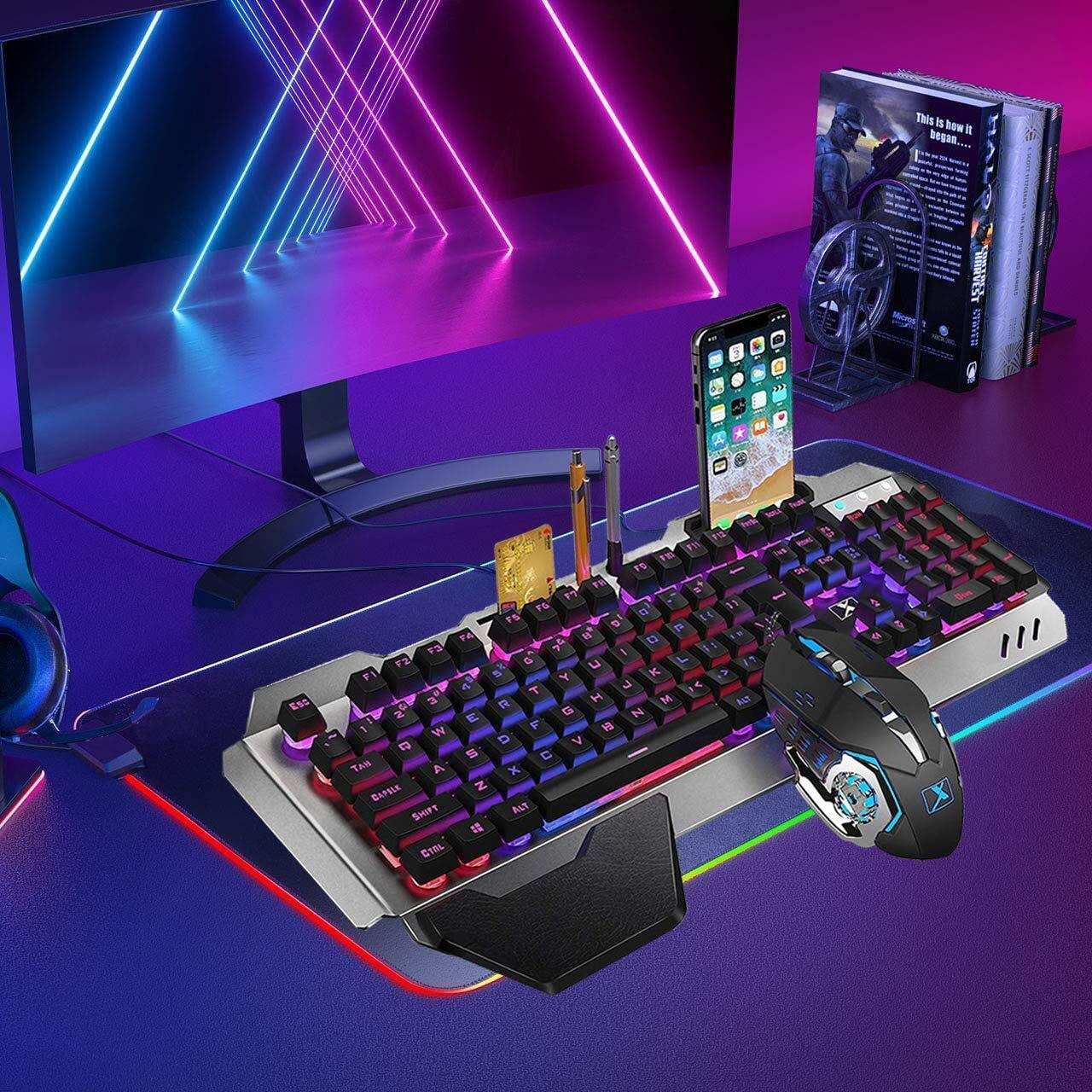 Felicon Wired Game Keyboard And Mouse Combo, Rgb Led Backlit Mechanical Feel Keyboard With Hand Rest Phone Holder,And 6 Button 3200 Dpi Mice And Large Rgb Mouse Pad For Computer Gamer Office