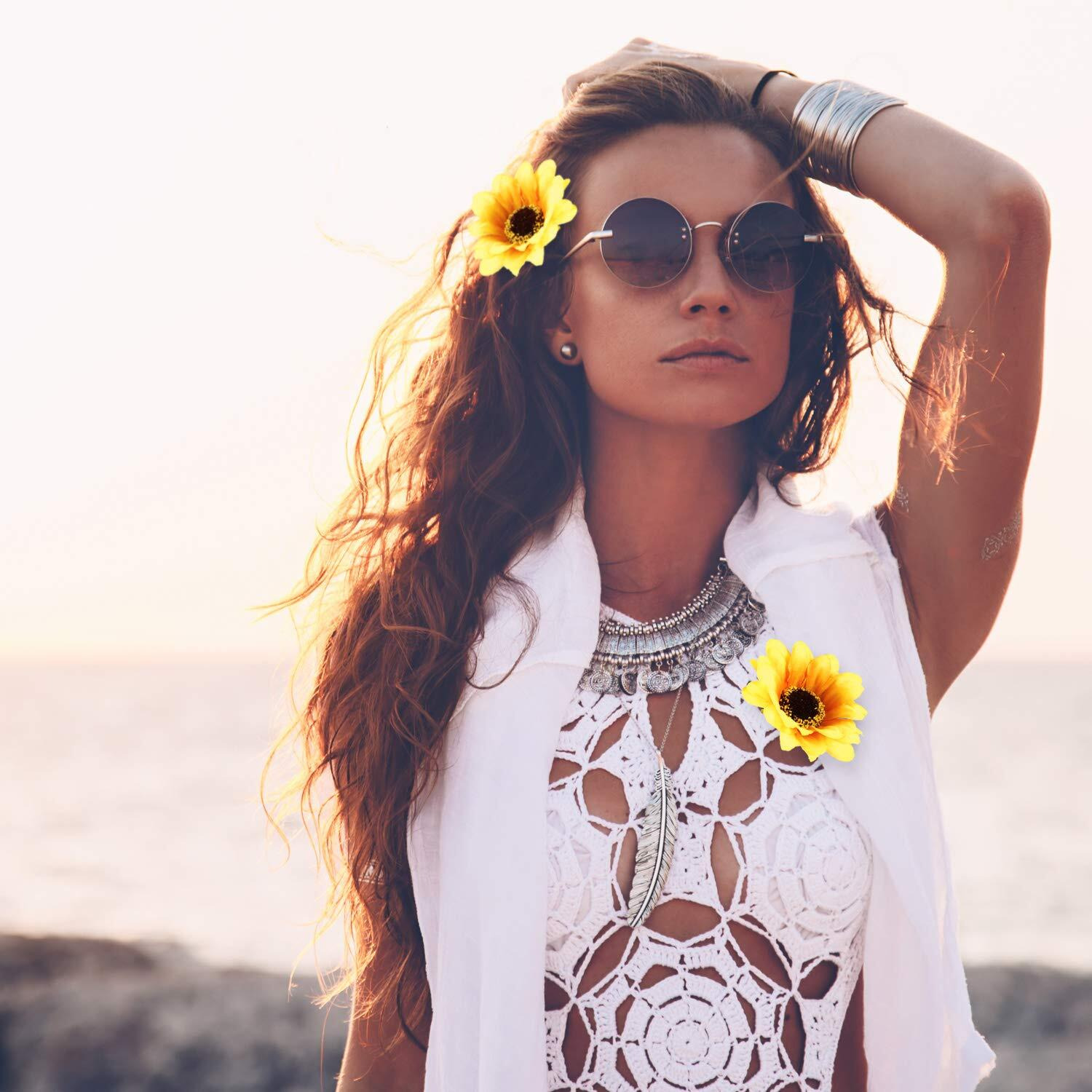 Fiada 16 Pieces Sunflower Headbands Set Including 6 Pieces Sunflower Crown, 2 Pieces Sunflower Hair Clips, 8 Pieces Sunflower Hairpins For Women Wedding Hair Accessories