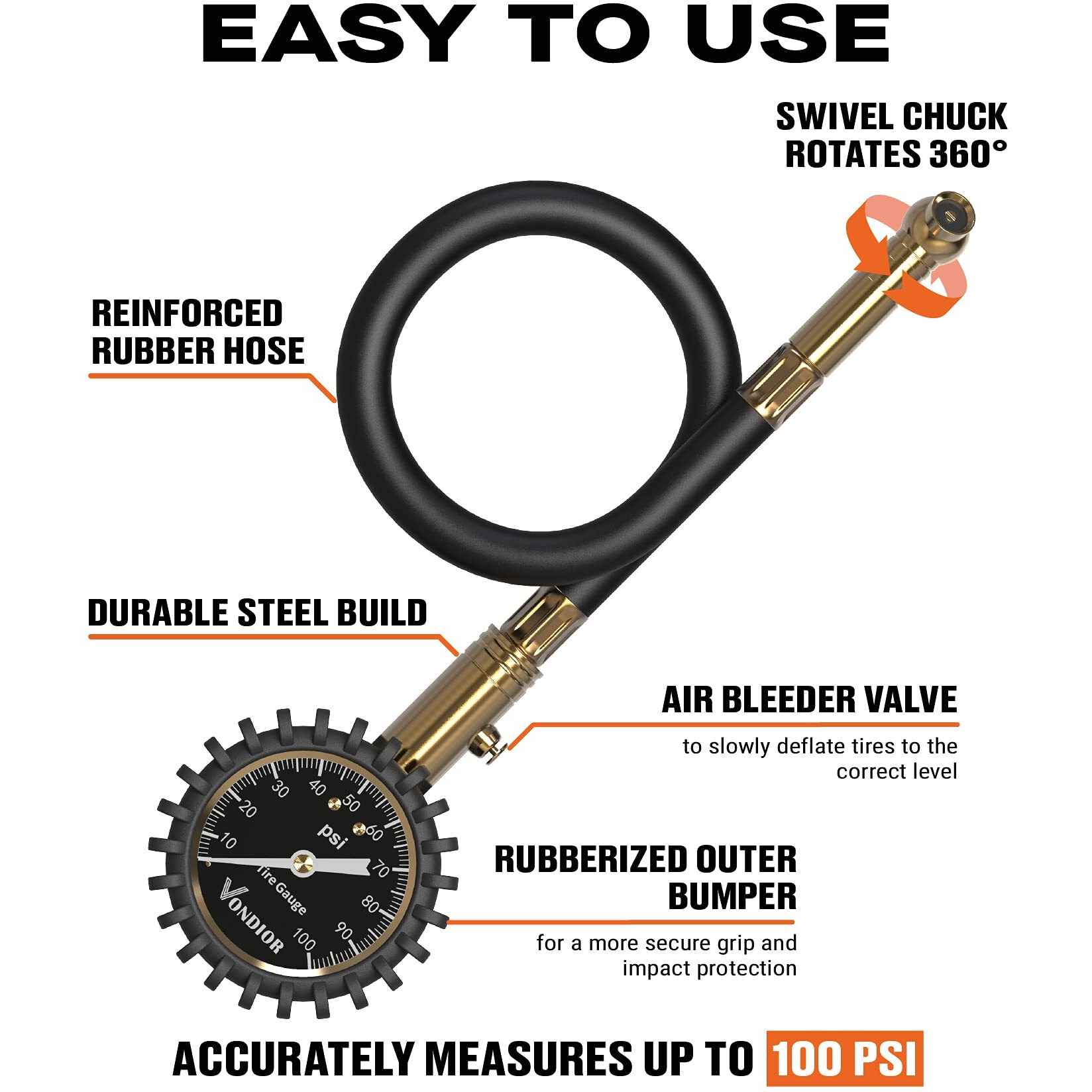 Vondior Heavy Duty Tire Pressure Gauge With Large Glow Dial - Ansi Certified For Cars And Trucks, Easy-Read And Stocking Stuffer For Men