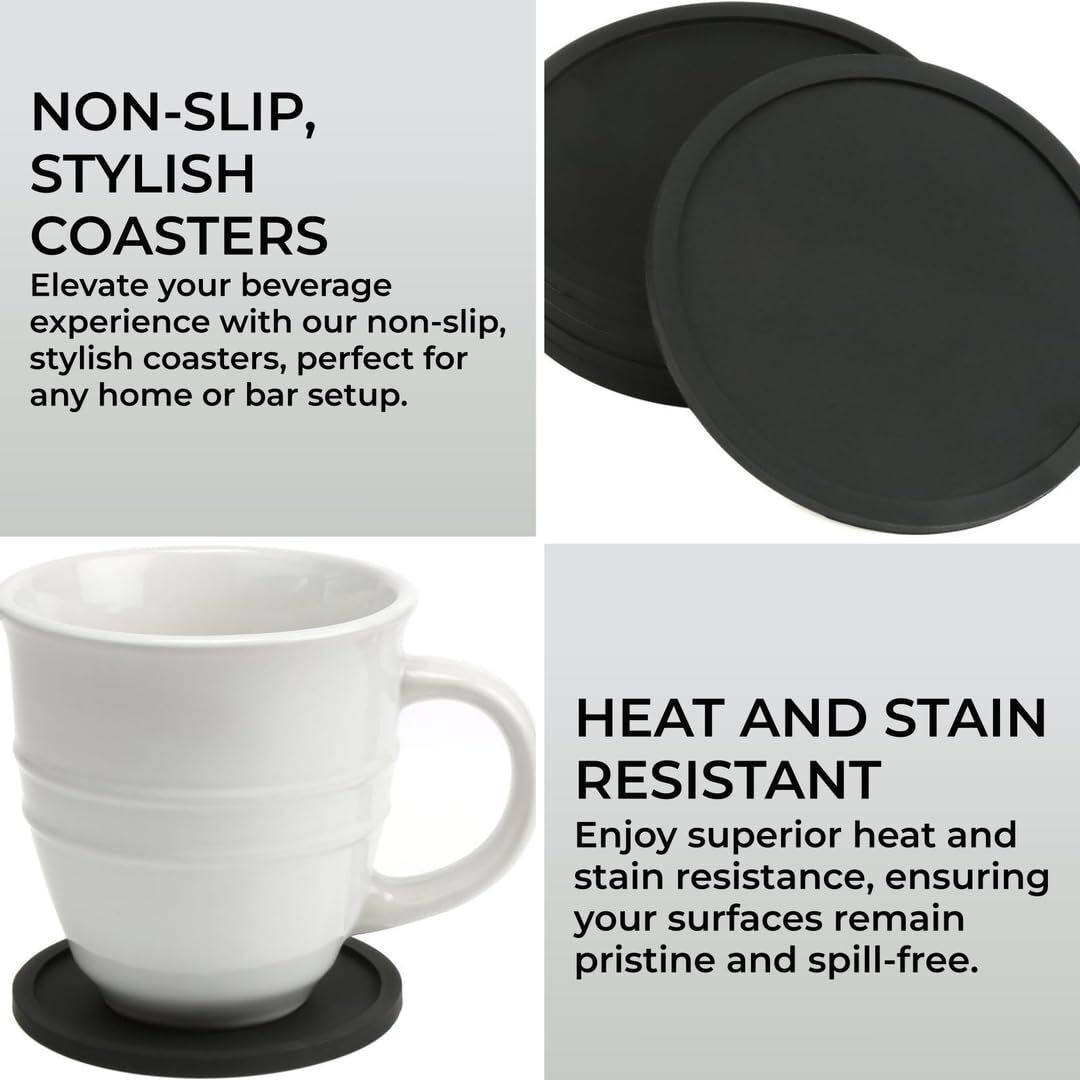 H&S Non Slip Silicone Drink Coasters - Set Of 6 - Large Black Cup Coaster Set For Outdoor & Indoor Drinks - Anti Stain & Heat Resistant - Cup Table Pads - Cup Place Mat - Drink Coasters Plain