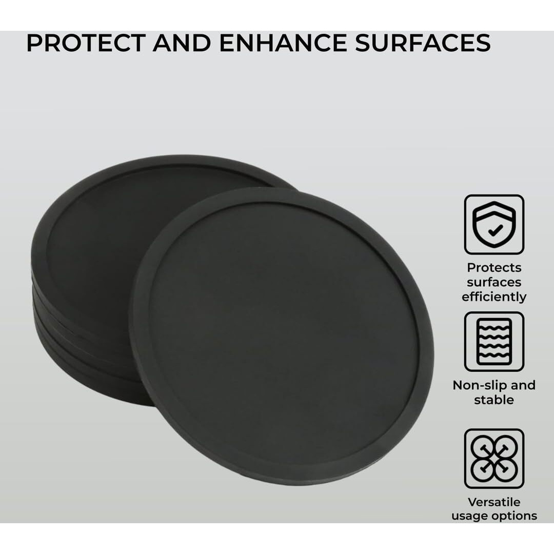 H&S Non Slip Silicone Drink Coasters - Set Of 6 - Large Black Cup Coaster Set For Outdoor & Indoor Drinks - Anti Stain & Heat Resistant - Cup Table Pads - Cup Place Mat - Drink Coasters Plain