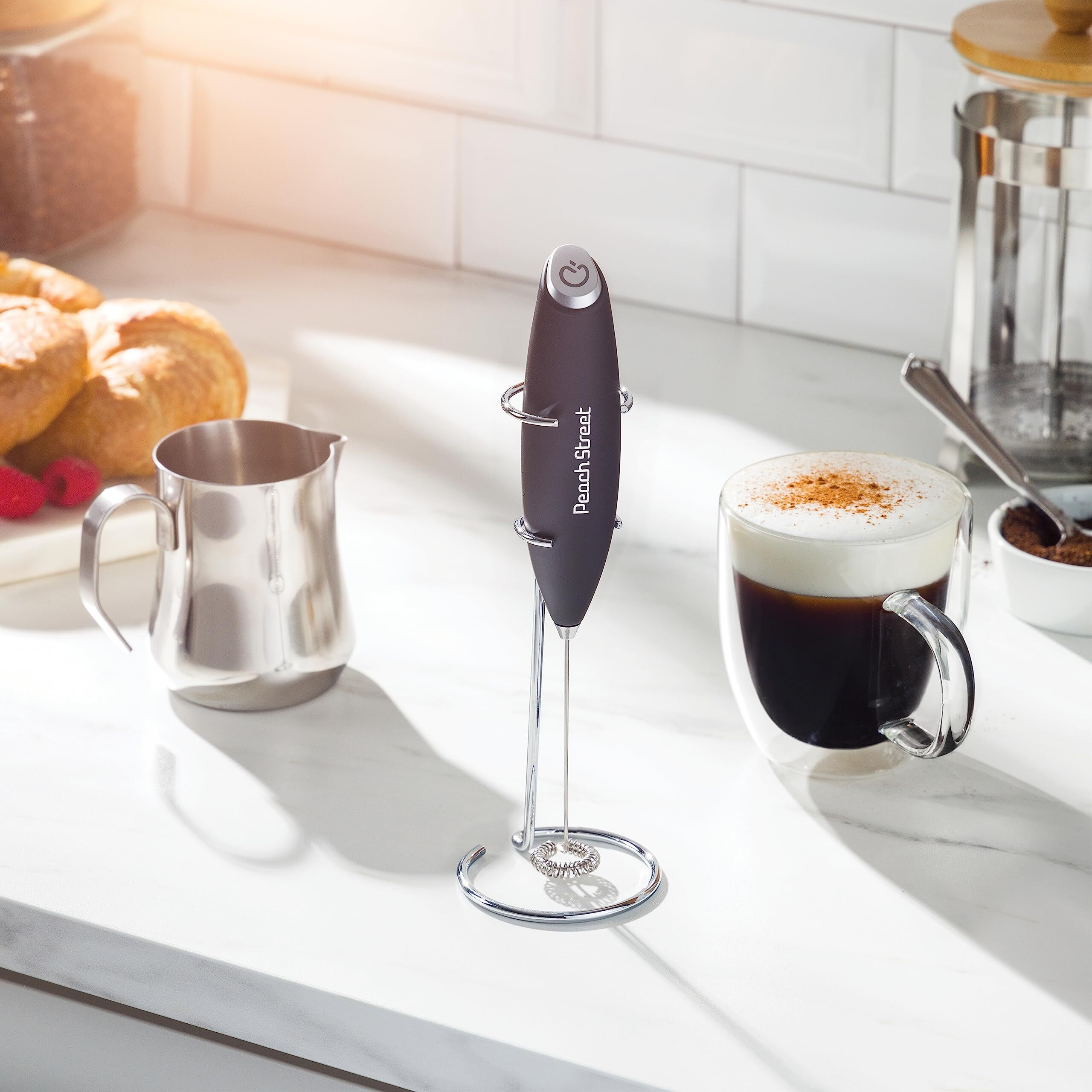 Powerful Handheld Milk Frother, Mini Milk Frother Wand, Battery Operated Stainless Steel Drink Mixer - Milk Frother Stand For Milk Coffee, Lattes, Cappuccino, Frappe, Matcha, Hot Chocolate. Great Gift
