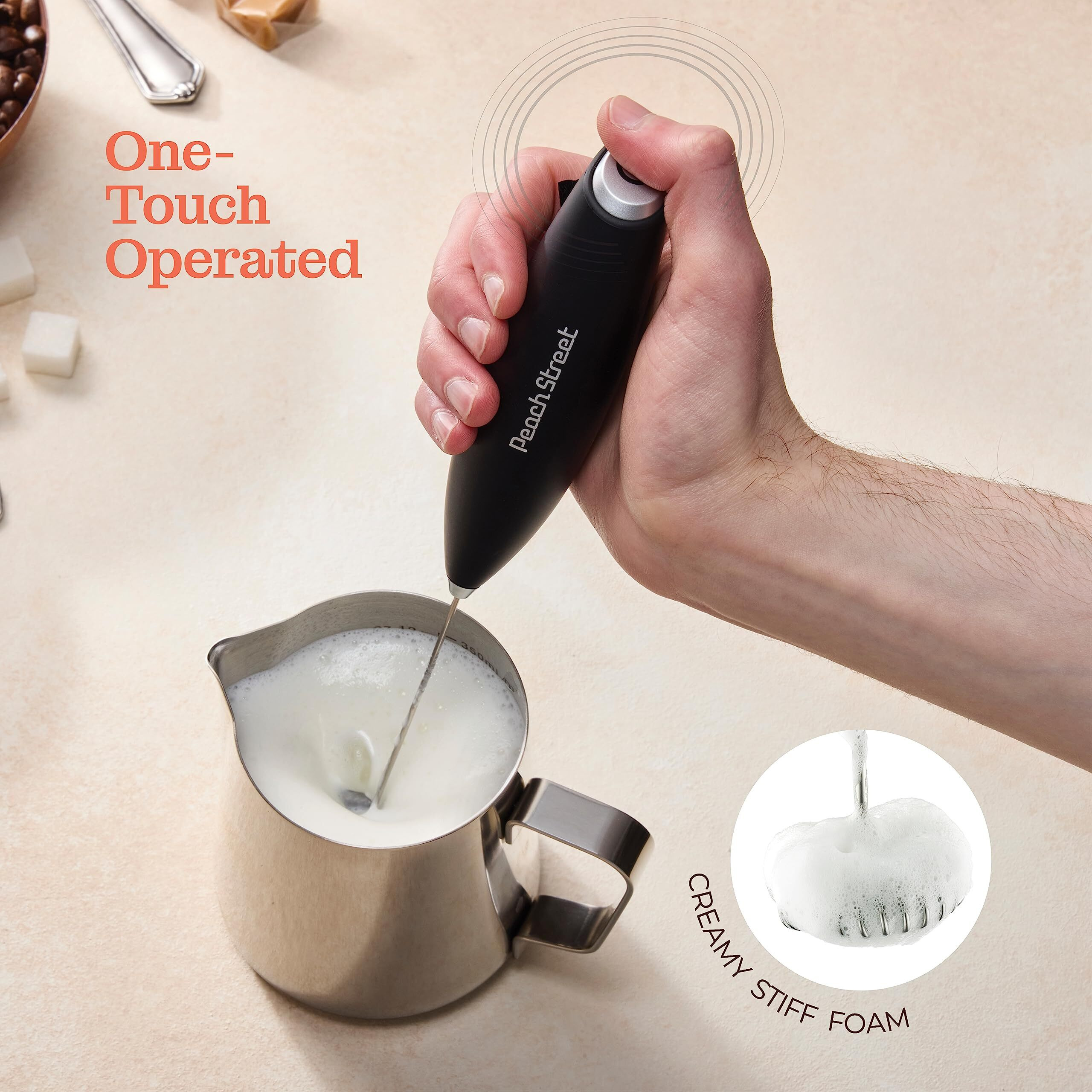 Powerful Handheld Milk Frother, Mini Milk Frother Wand, Battery Operated Stainless Steel Drink Mixer - Milk Frother Stand For Milk Coffee, Lattes, Cappuccino, Frappe, Matcha, Hot Chocolate. Great Gift