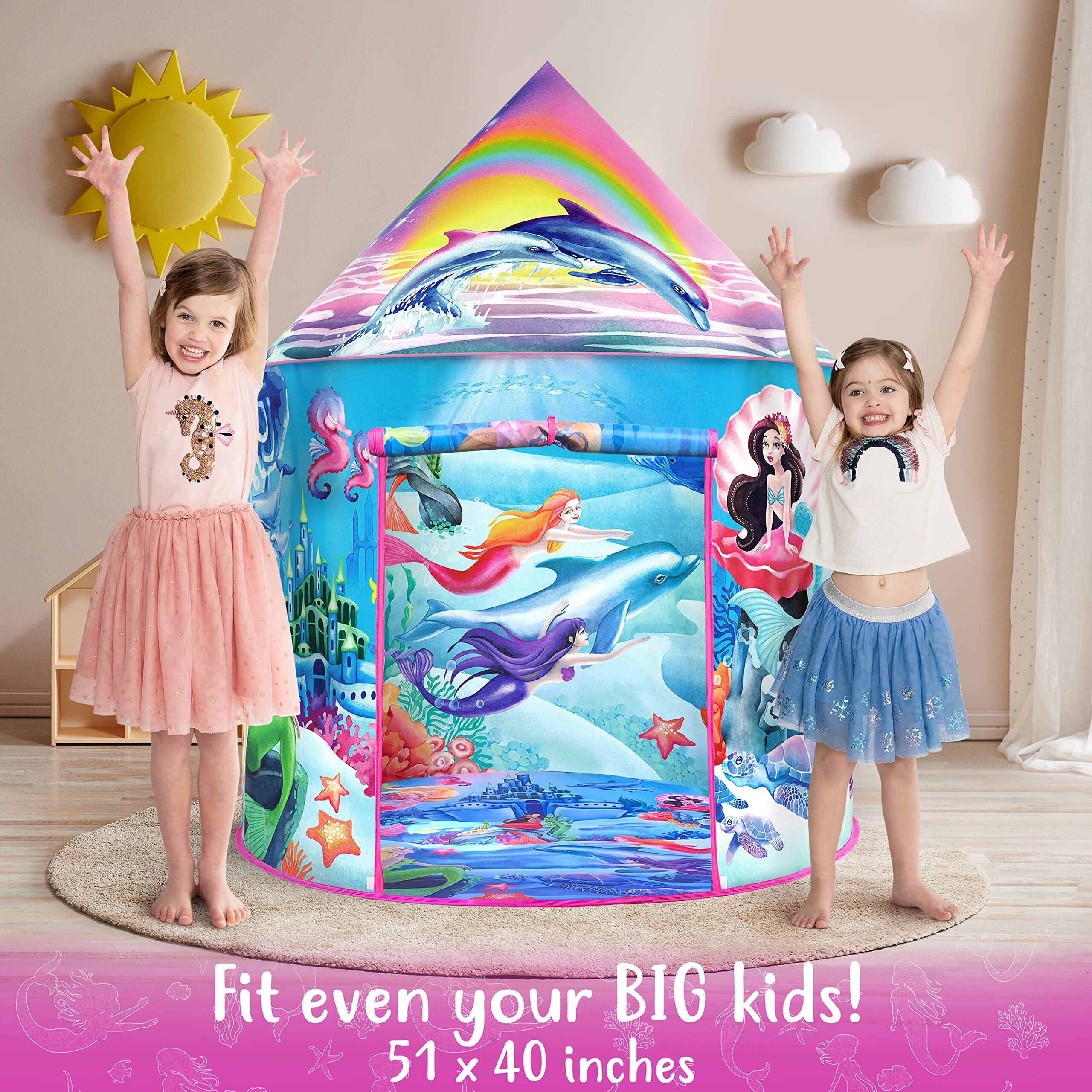 W&O Musical Mermaid Tent With Under-The-Sea Button - Captivating Pop Up Tent For Girls - Perfect For Indoor & Outdoor Play