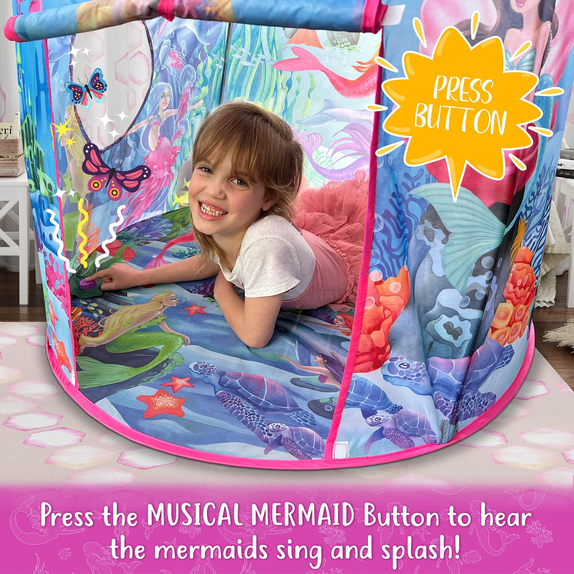 W&O Musical Mermaid Tent With Under-The-Sea Button - Captivating Pop Up Tent For Girls - Perfect For Indoor & Outdoor Play