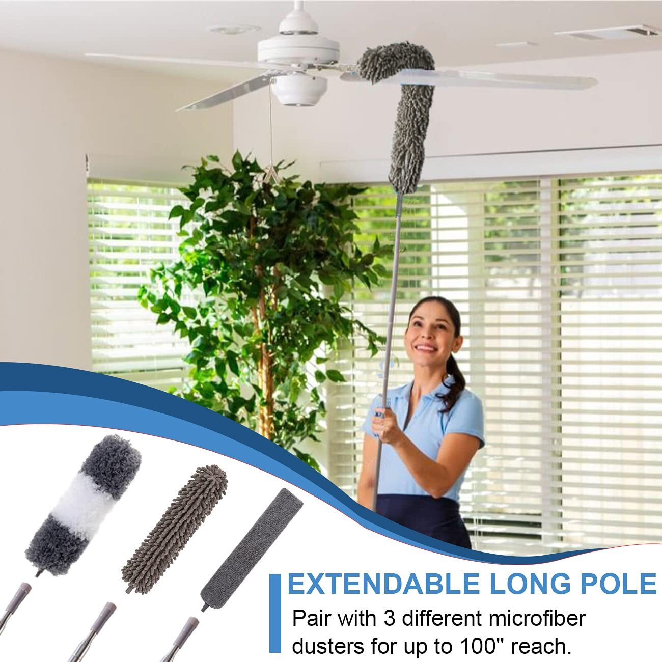 Microfiber Duster Kit For High Ceiling (6Pcs), Extendable Dusters For Cleaning With 100"" Extension Pole, Long Feather Duster For Fan/Car, House Cleaning Tool Kit By Oosofitt