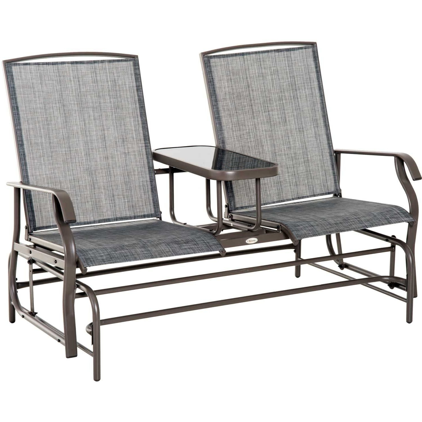 Outsunny Outdoor Glider Bench With Center Table, Metal Frame Patio Loveseat With Breathable Mesh Fabric And Armrests For Backyard Garden Porch, Gray