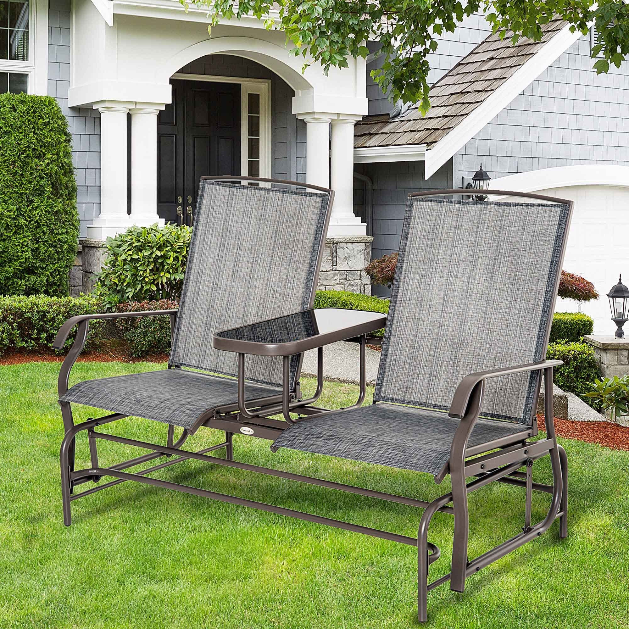 Outsunny Outdoor Glider Bench With Center Table, Metal Frame Patio Loveseat With Breathable Mesh Fabric And Armrests For Backyard Garden Porch, Gray