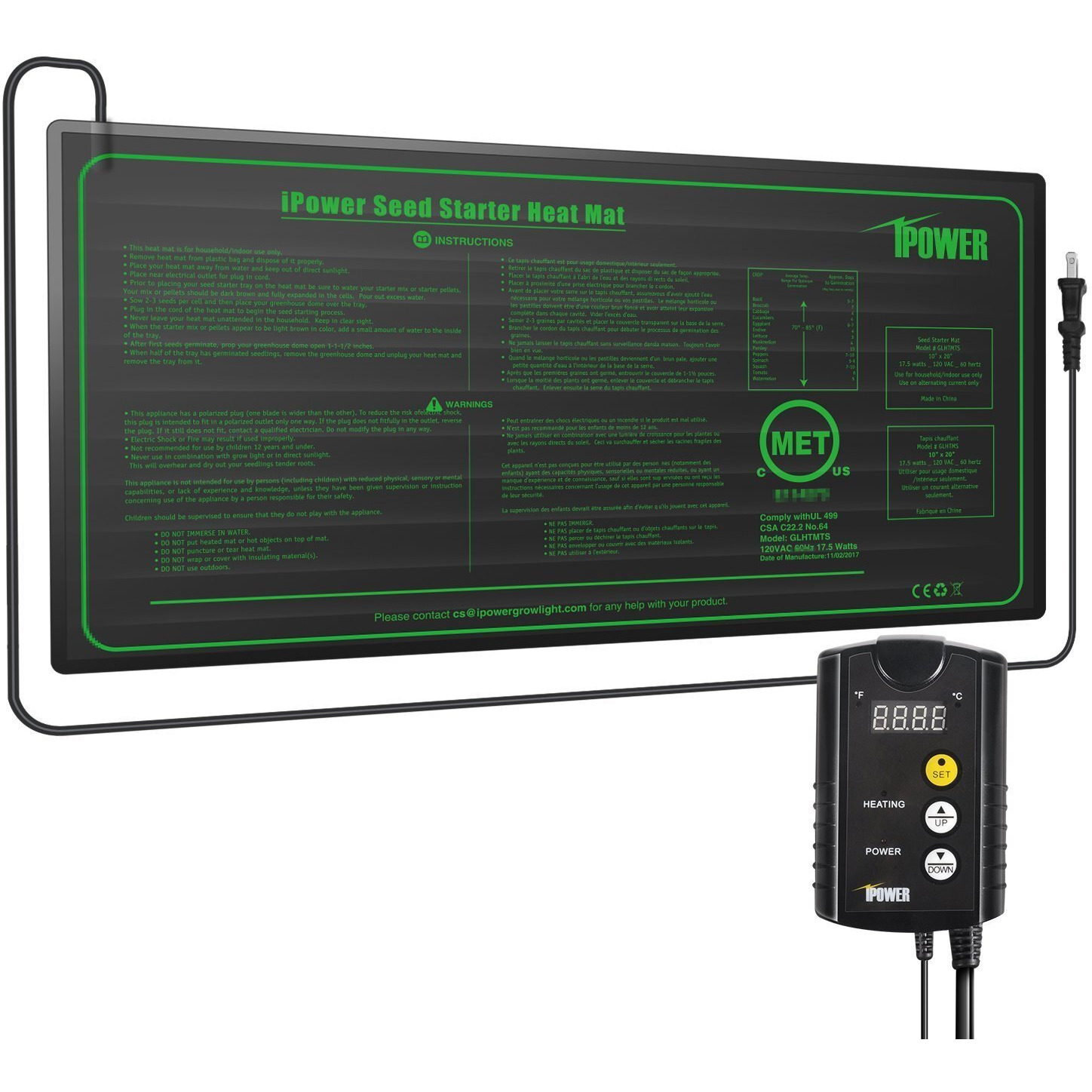 Ipower 10"" X 20"" Warm Hydroponic Seedling Heat Mat And Digital Thermostat Combo Set For Seed Germination, 10"" X 20.5"" & Control, Black