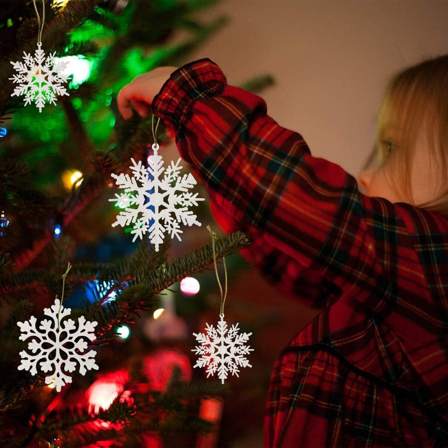 36Pcs Snowflakes-Christmas Tree Decorations, Snowflake Ornaments For Tree, Plastic Glitter White Snow Flakes Ornaments, Christmas Indoor Winter Wonderland Decor