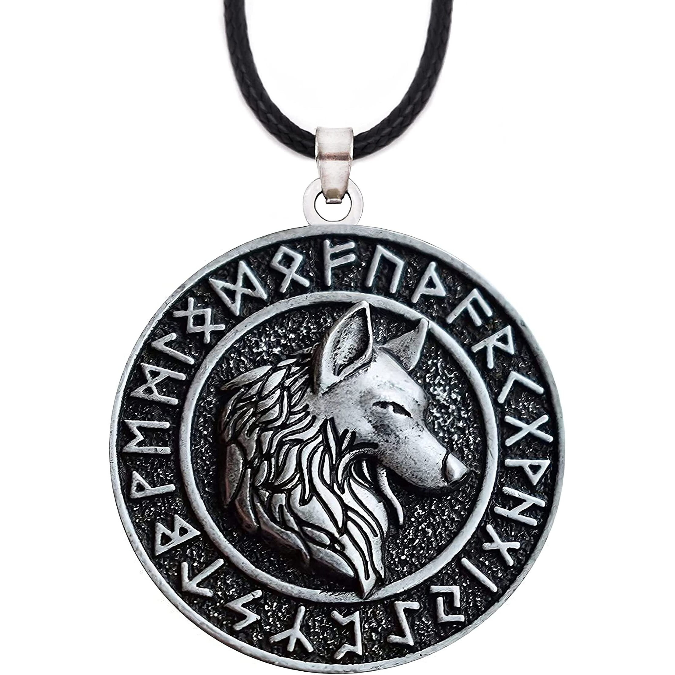 Haquil Viking Wolf Necklace, Viking Ancient Runes Medallion With Fenrir Wolf Head Pendant, Faux Leather Cord, Norse Necklace For Men (Ad)
