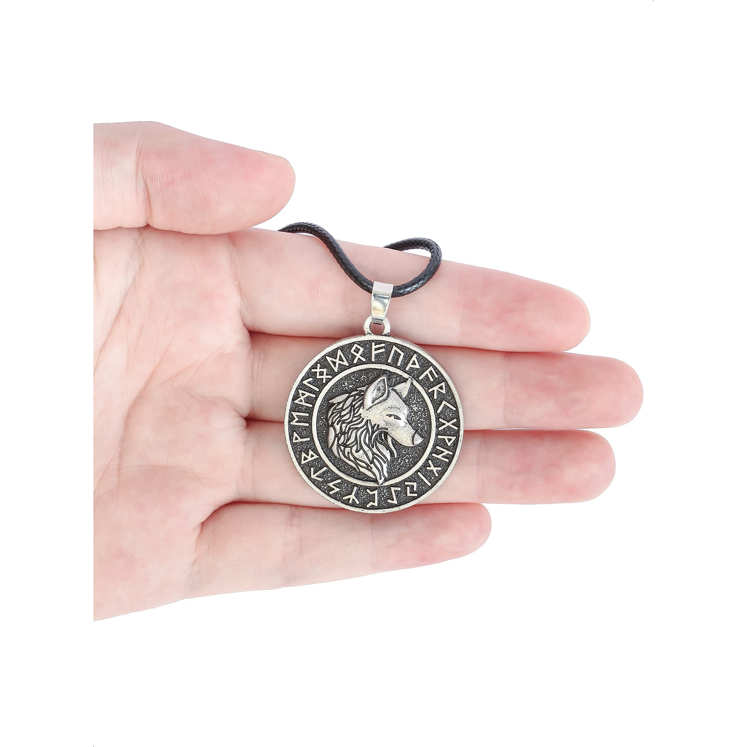 Haquil Viking Wolf Necklace, Viking Ancient Runes Medallion With Fenrir Wolf Head Pendant, Faux Leather Cord, Norse Necklace For Men (Ad)