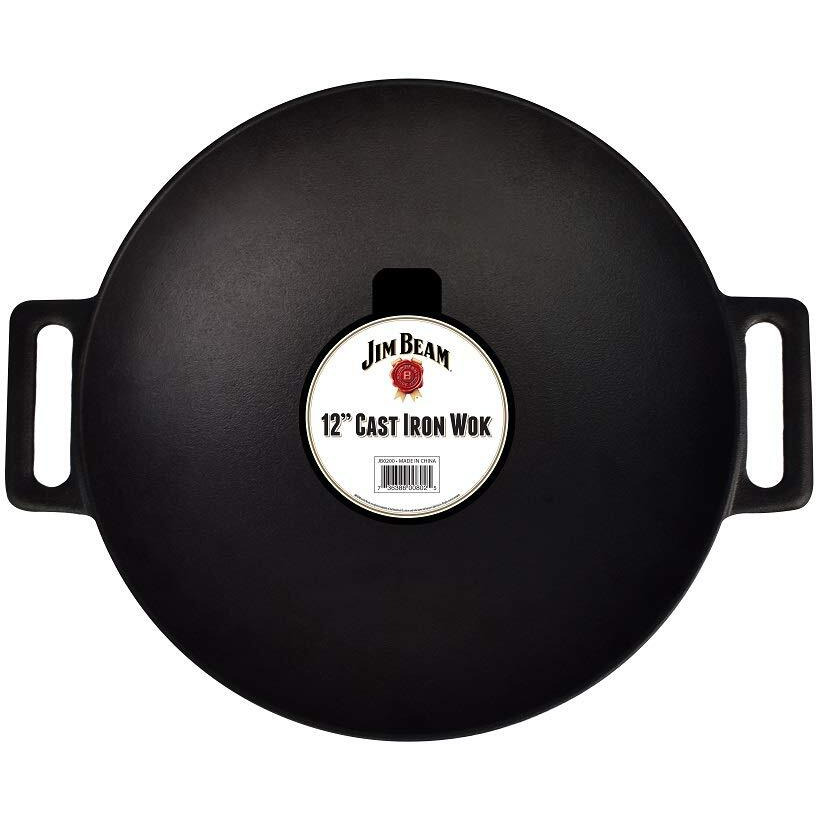 Jim Beam 12'' Pre Seasoned Heavy Duty Construction Cast Iron Grilling Wok, Griddle And Stir Fry Pan