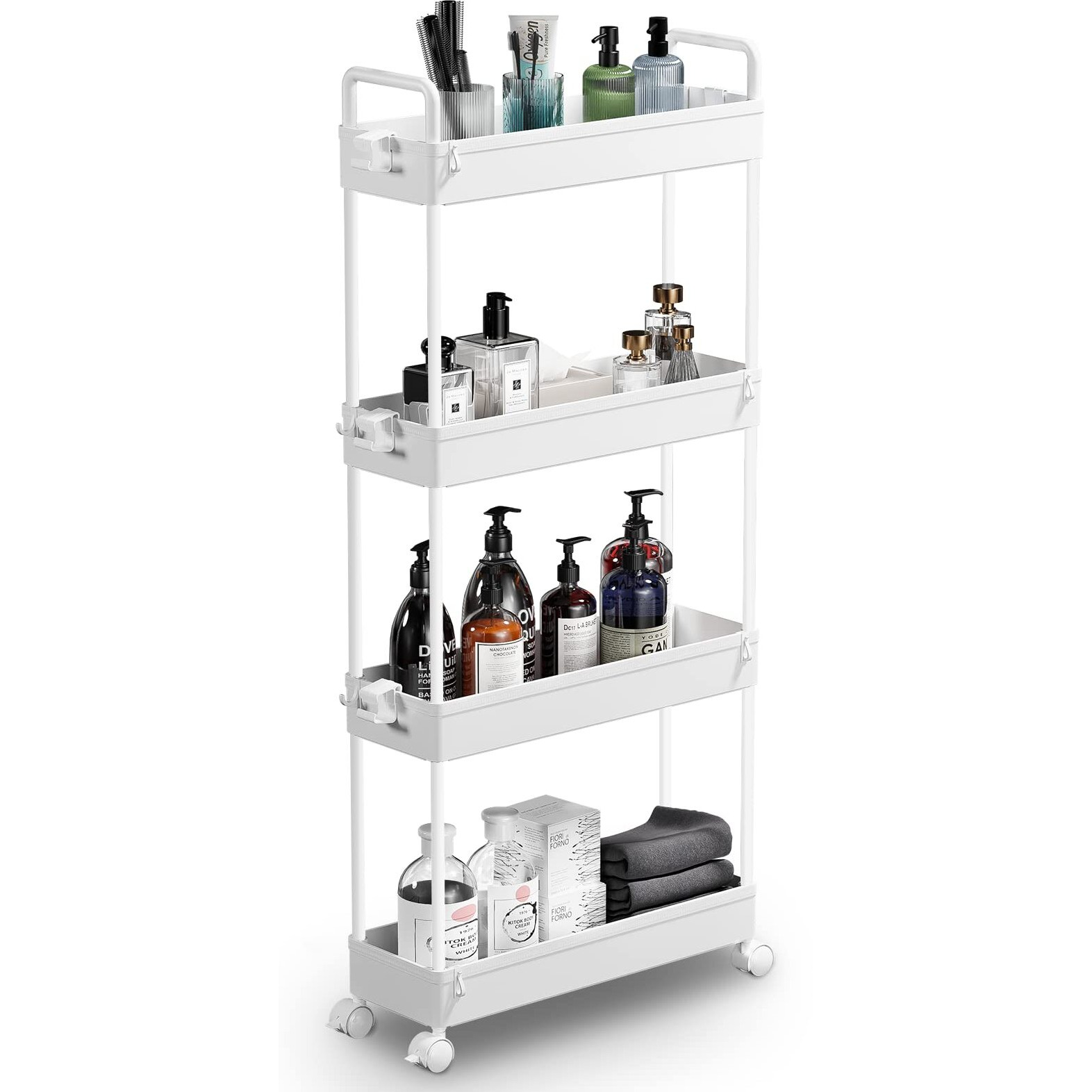 Solejazz Slim Storage Cart, 4 Tier Bathroom Organizer Mobile Shelving Unit, Rolling Utility Cart Slide Out Organizer For Kitchen, Bathroom, Laundry, Narrow Places, White