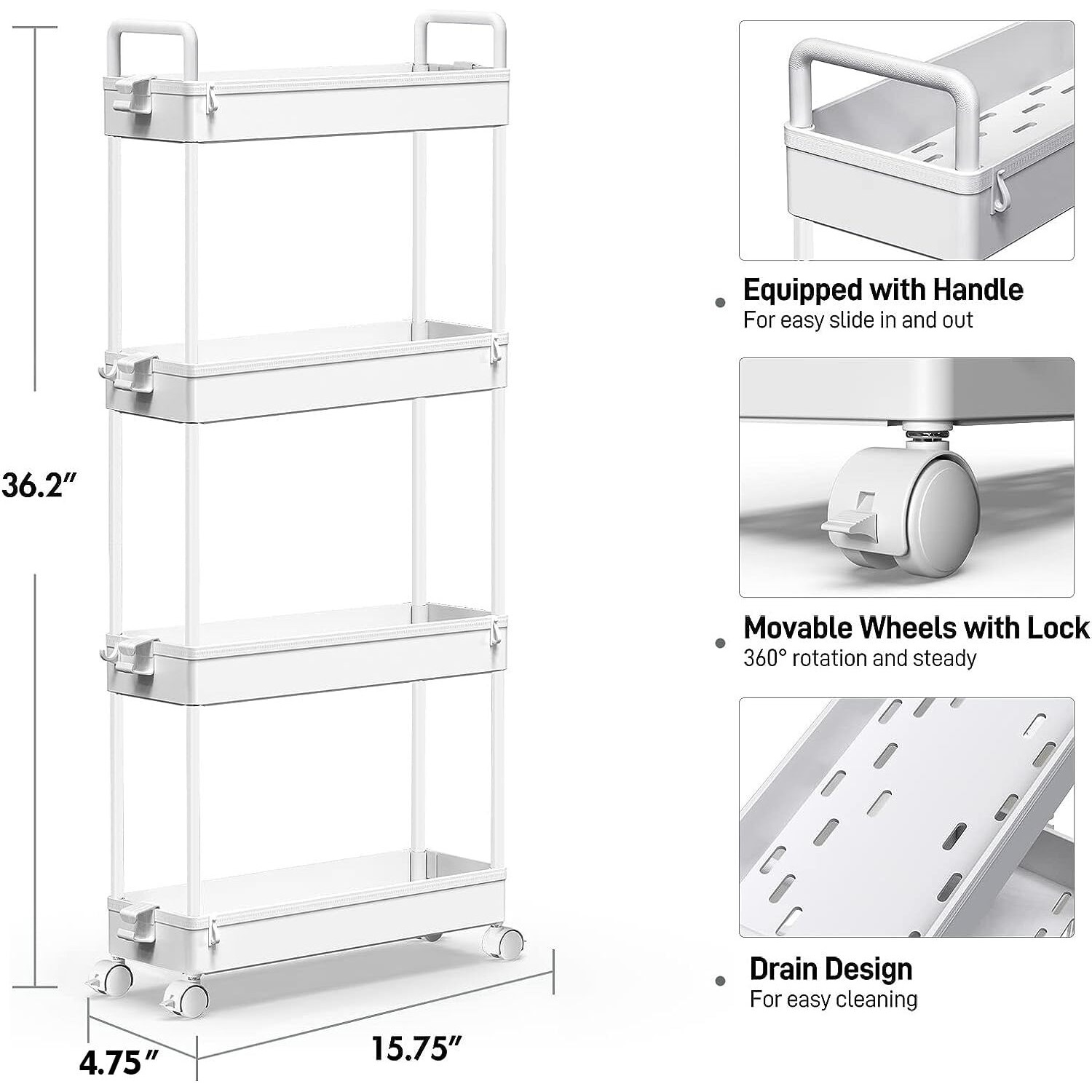 Solejazz Slim Storage Cart, 4 Tier Bathroom Organizer Mobile Shelving Unit, Rolling Utility Cart Slide Out Organizer For Kitchen, Bathroom, Laundry, Narrow Places, White