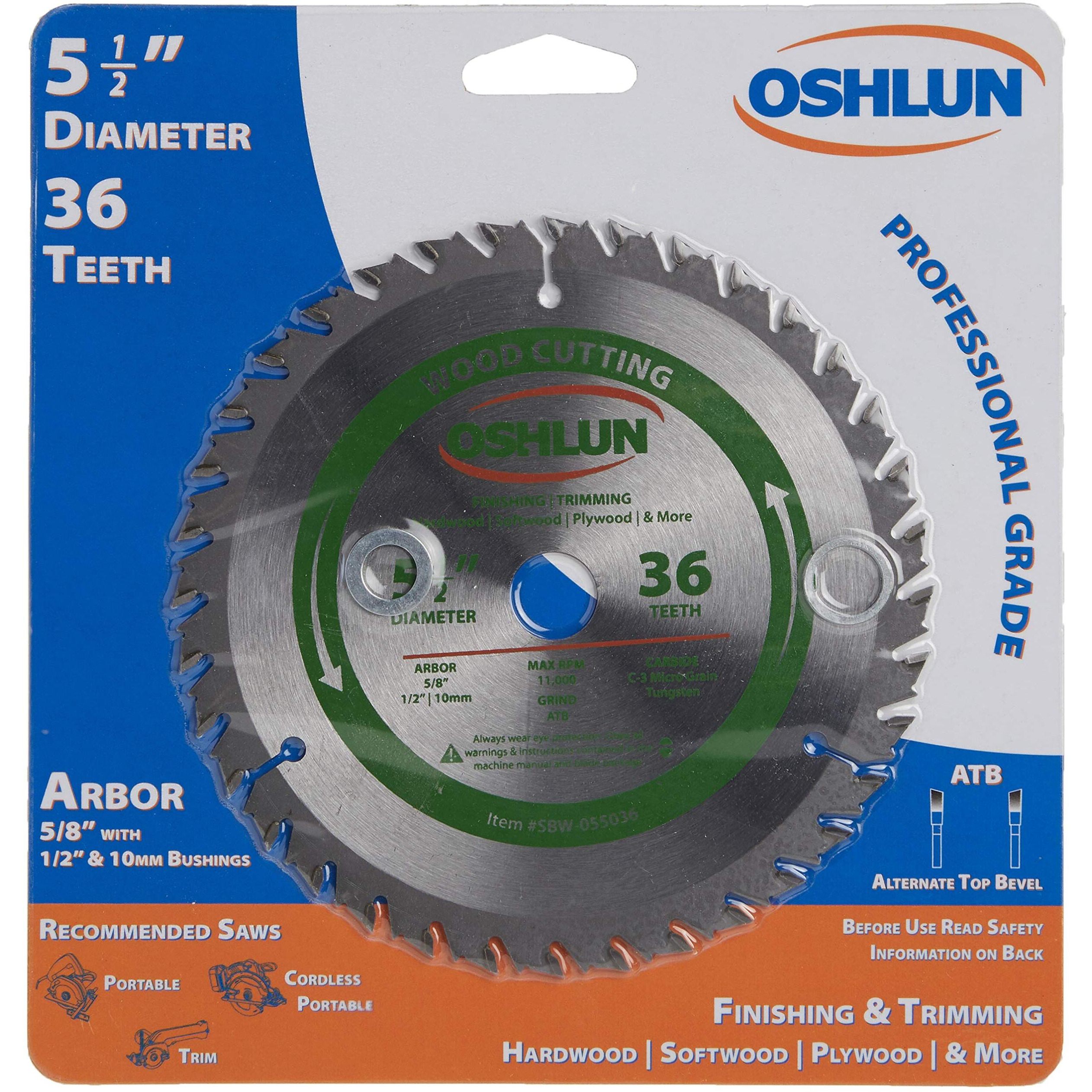 Oshlun Sbw-055036 5-1/2-Inch 36 Tooth Atb Finishing And Trimming Saw Blade With 5/8-Inch Arbor (1/2-Inch And 10Mm Bushings)