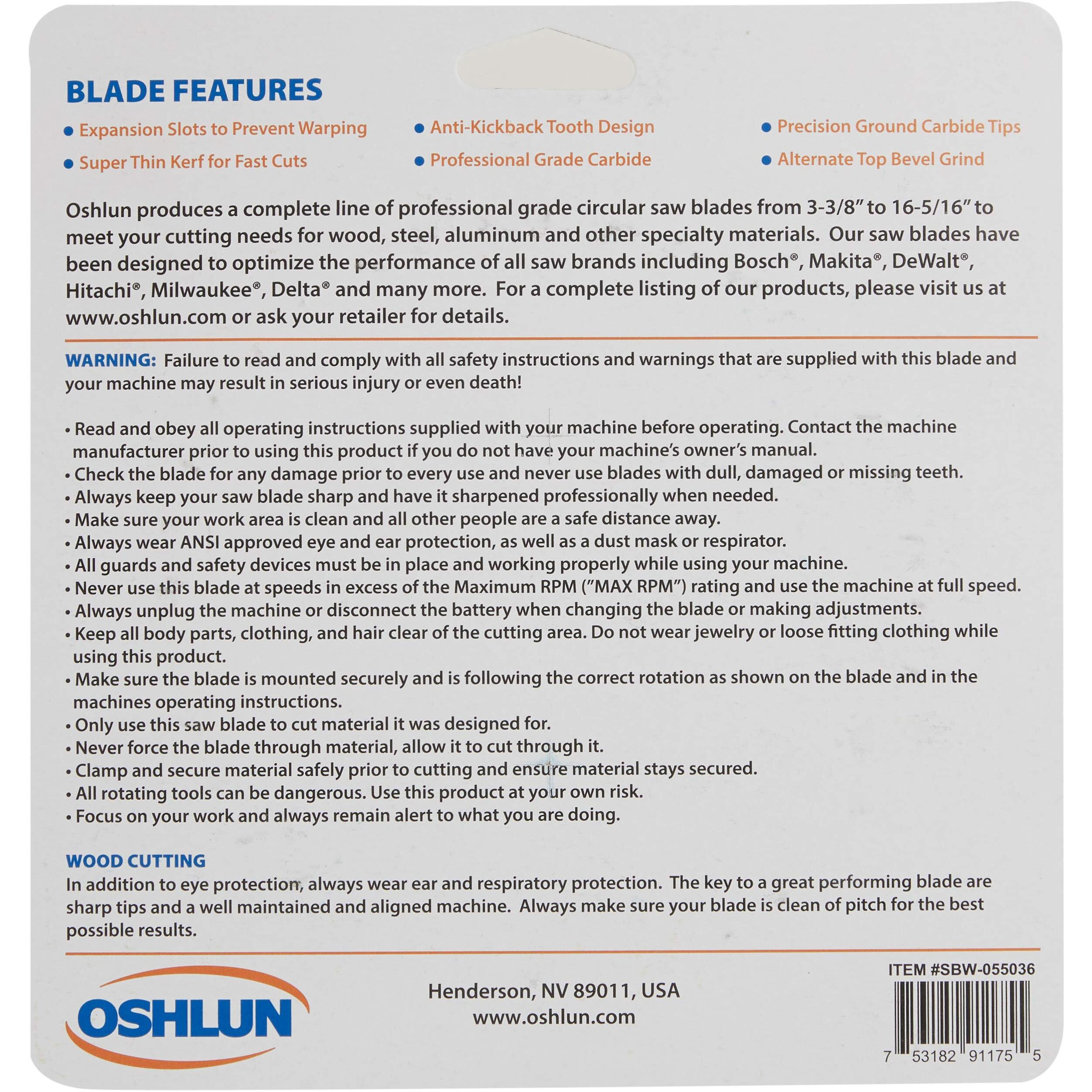 Oshlun Sbw-055036 5-1/2-Inch 36 Tooth Atb Finishing And Trimming Saw Blade With 5/8-Inch Arbor (1/2-Inch And 10Mm Bushings)