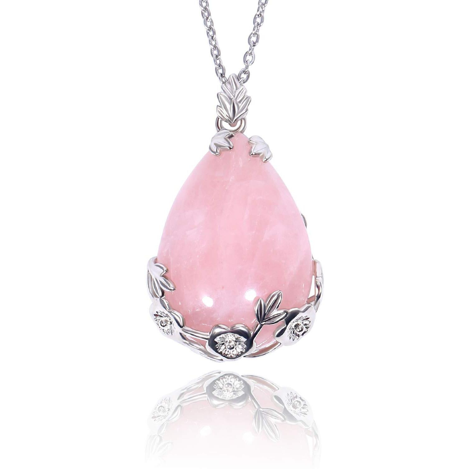 Kisspat Natural Teardrop Rose Quartz Pendant Necklace On 20"" Stainless Steel Chain