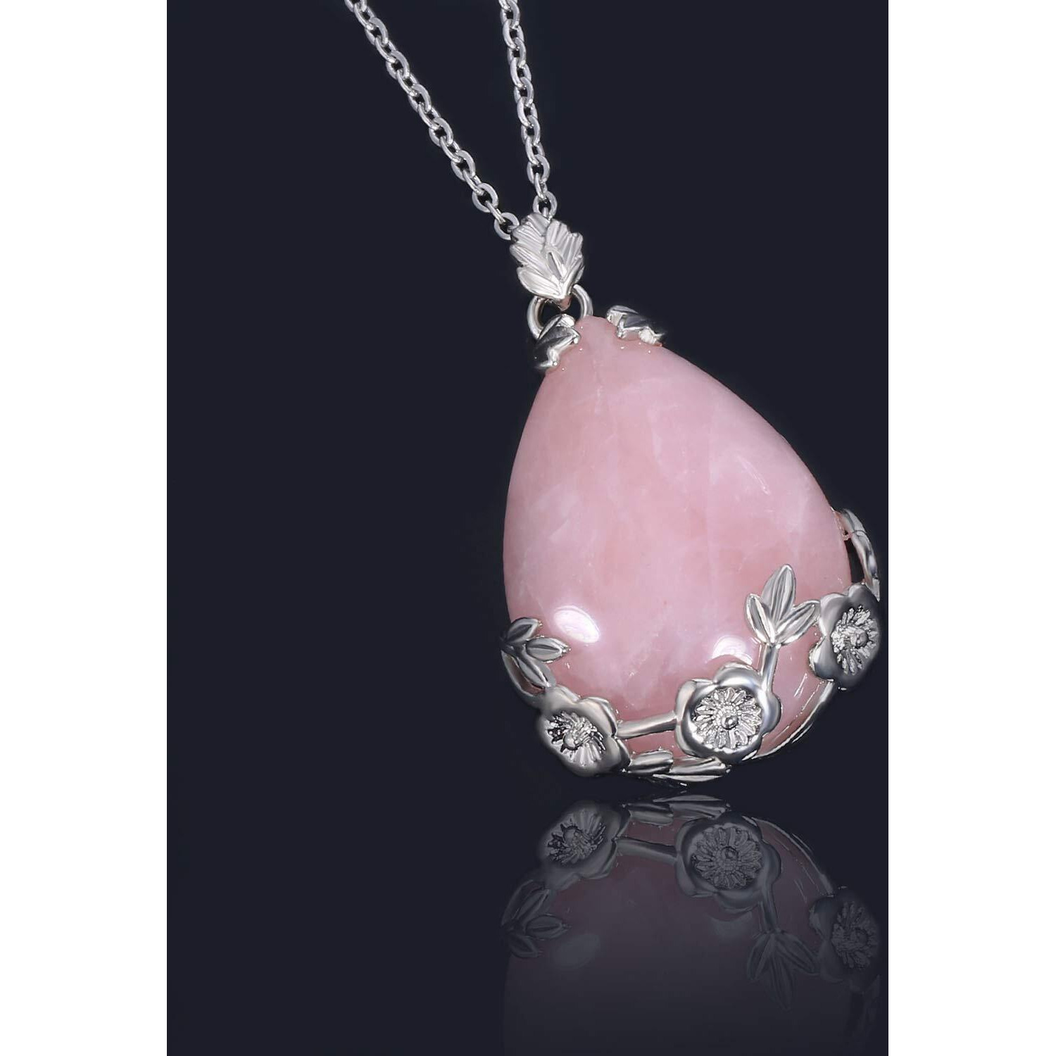 Kisspat Natural Teardrop Rose Quartz Pendant Necklace On 20"" Stainless Steel Chain