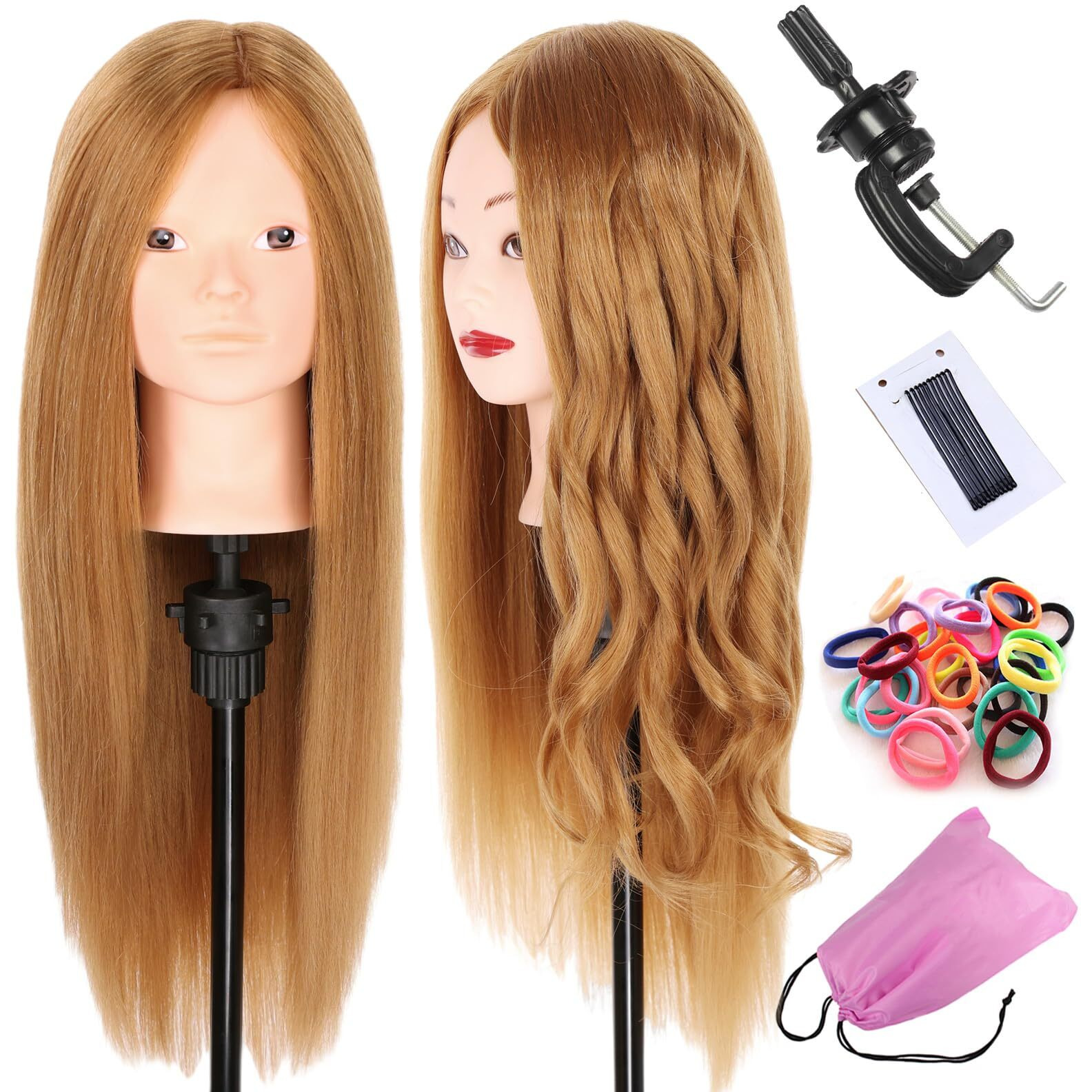 20 Inch Mannequin Head 60% Human Hair Styling Training Head Manikin Cosmetology Head Hair Hairdressing Training Face Makeup Practice Head 27
