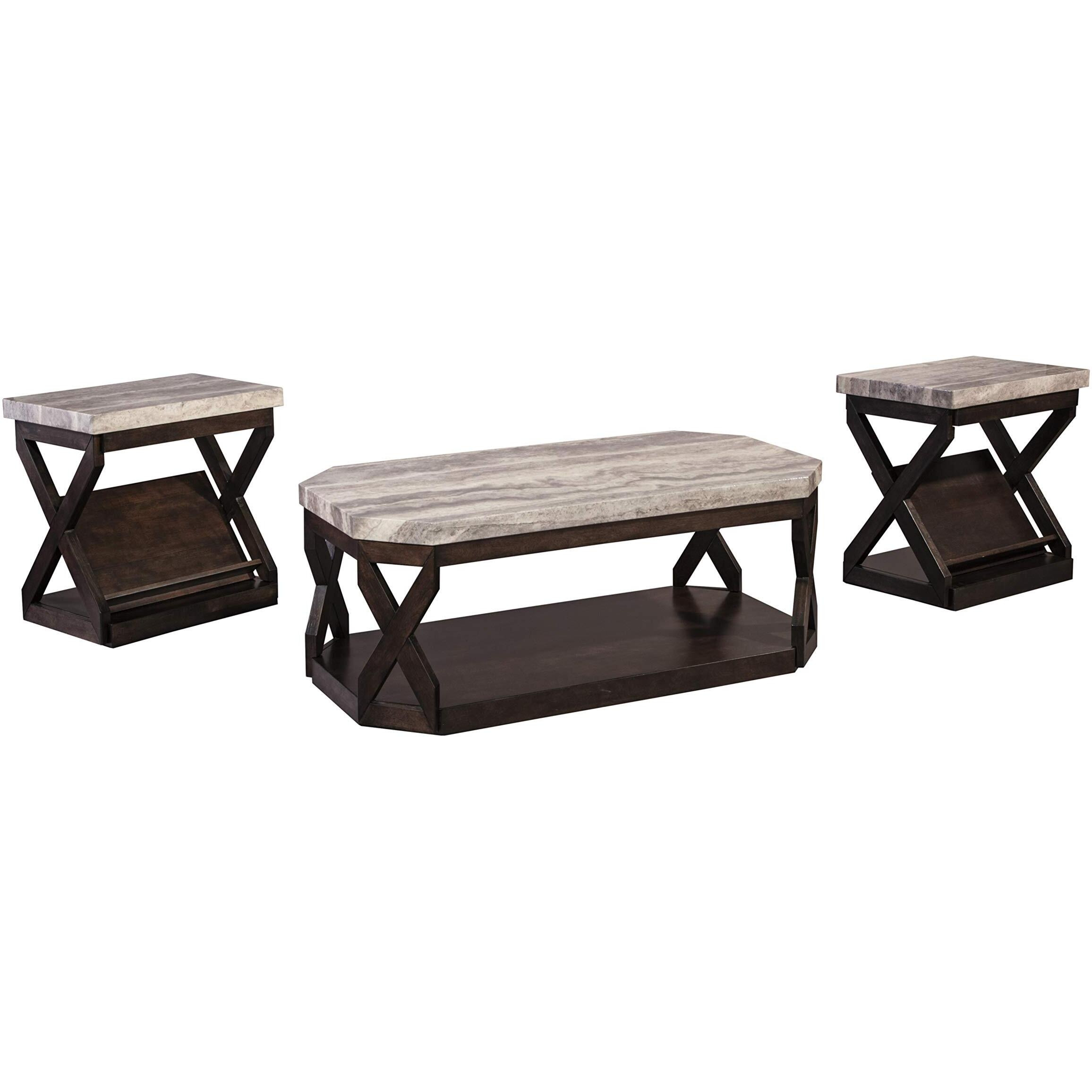 Signature Design By Ashley Radilyn Faux Marble 3-Piece Table Set, Includes Coffee Table And 2 End Tables, Gray & Brown