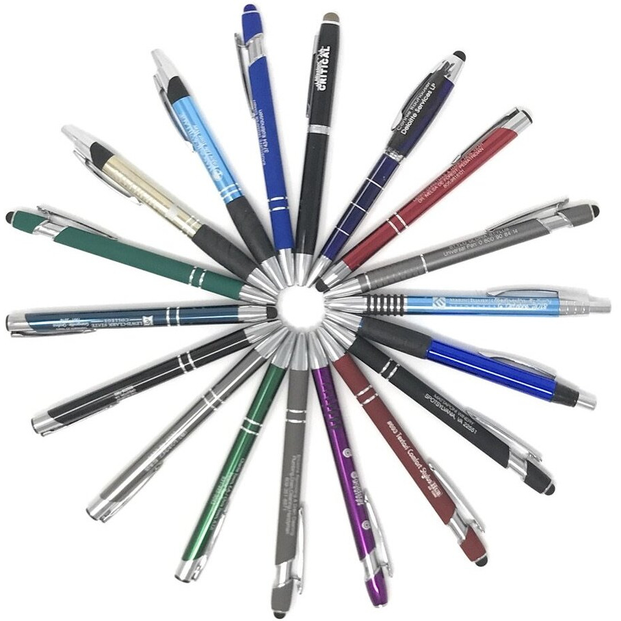 5 Lb. Box Of Assorted Misprint Metal Retractable Ball Point - Bulk Misprinted Pens, Stylus Tip, Comfort Grips, Wholesale Office Home School Black Blue Ink - Approximately 120 Pens Per Box