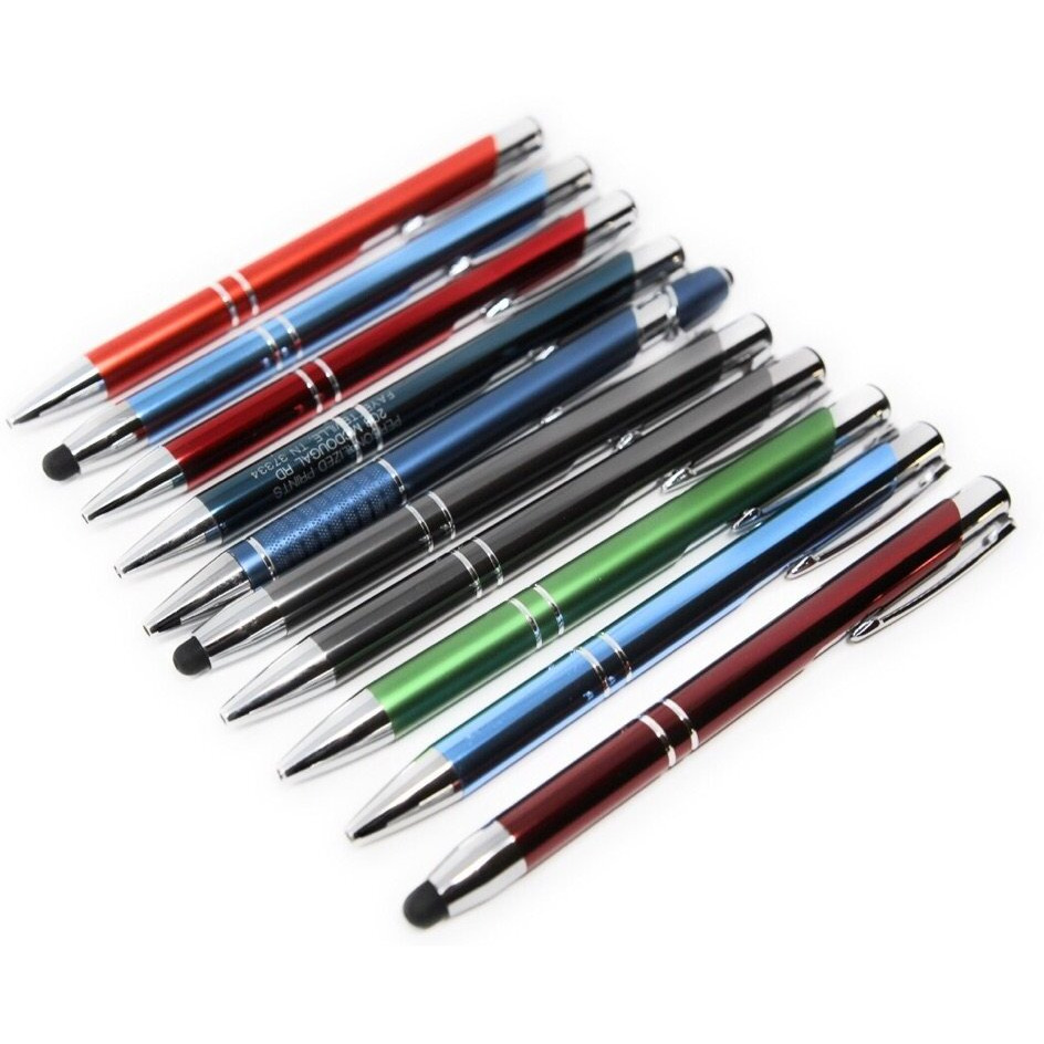 5 Lb. Box Of Assorted Misprint Metal Retractable Ball Point - Bulk Misprinted Pens, Stylus Tip, Comfort Grips, Wholesale Office Home School Black Blue Ink - Approximately 120 Pens Per Box