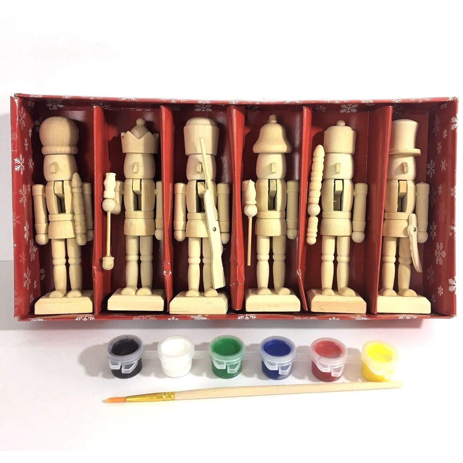 Paint Your Own 5"" Mini Wooden Nutcrackers Christmas Craft Kit Box Set Of 6 Diy