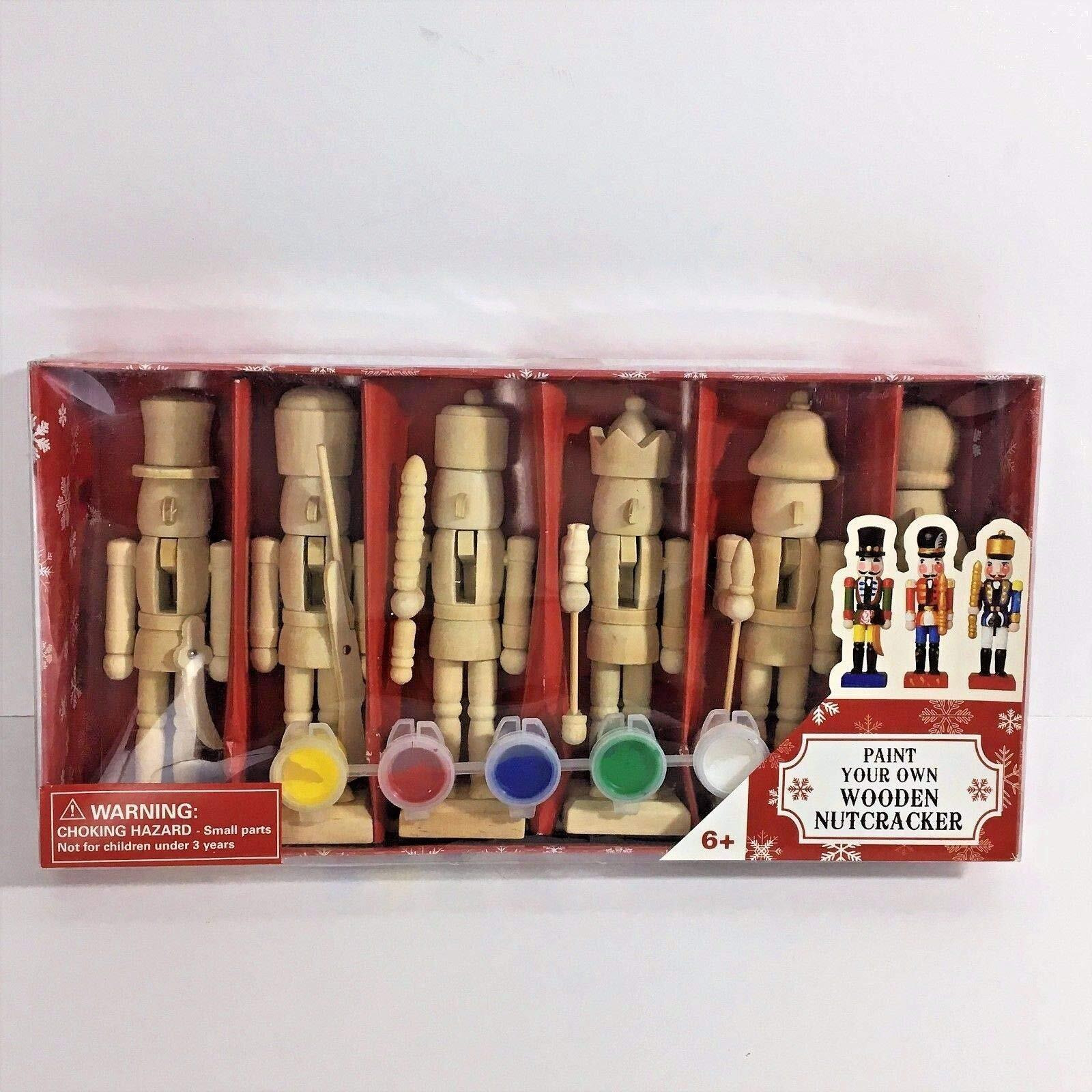Paint Your Own 5"" Mini Wooden Nutcrackers Christmas Craft Kit Box Set Of 6 Diy