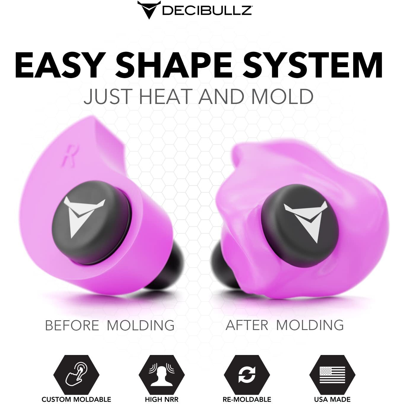 Decibullz - Custom Molded Earplugs, 31Db Highest Nrr, Comfortable Hearing Protection For Shooting, Travel, Swimming, Work And Concerts (Pink)