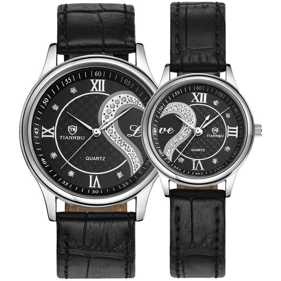 Dreaming Q&P Romantic His And Hers Watches,Pair Hearts Wristwatches For Couples Man Woman,Black Ultrathin Leather Strap Set Of 2