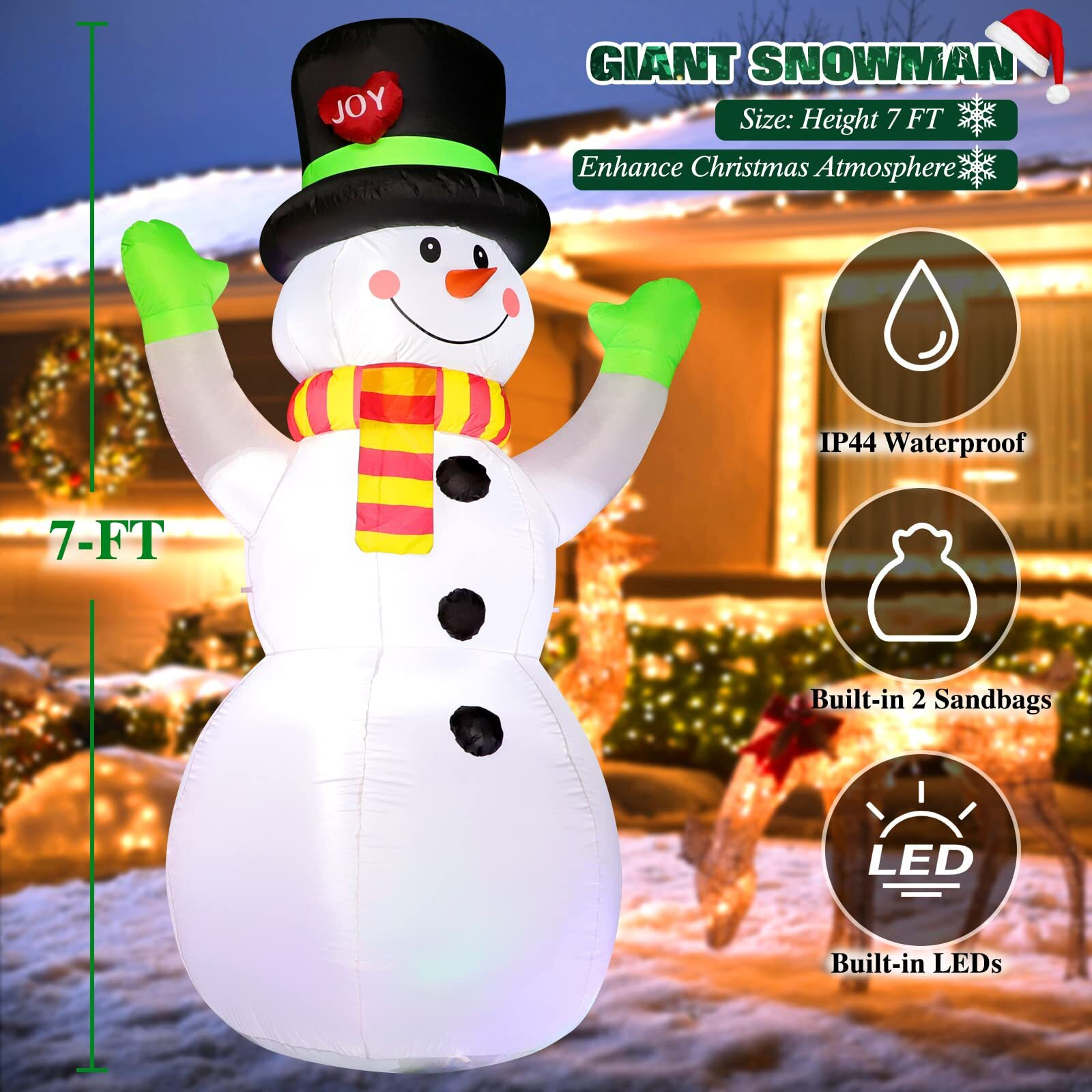 7 Ft Christmas Inflatables Giant Snowman Outdoor Decorations, Blow Up Snow Man Yard Decor Built-In Bright Led Light Wear Magic Hat, Weatherproof Holiday For Garden Patio Lawn Party Xmas Gifts