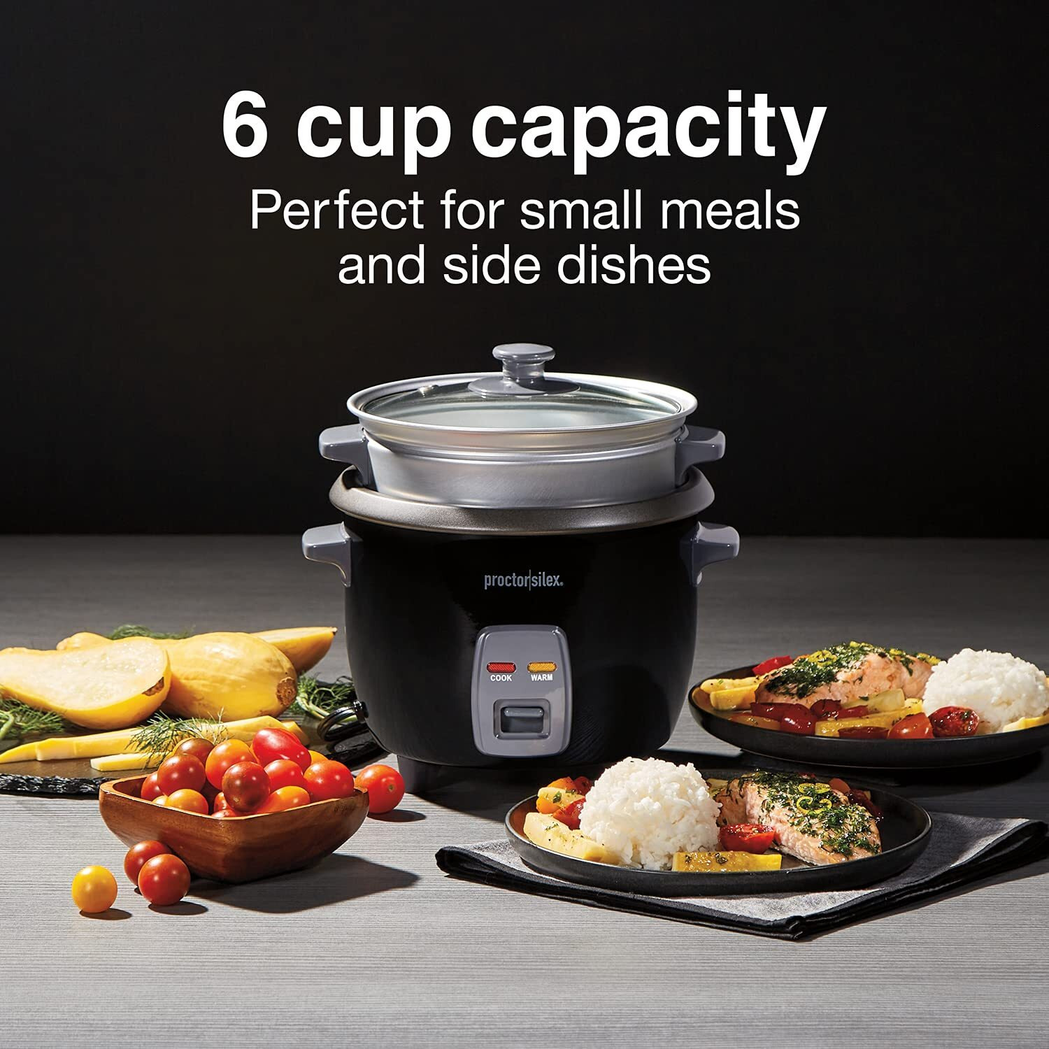 Proctor Silex Rice Cooker & Food Steamer, 6 Cups Cooked (3 Cups Uncooked), Includes Steam And Rinsing Basket, Black (37510)