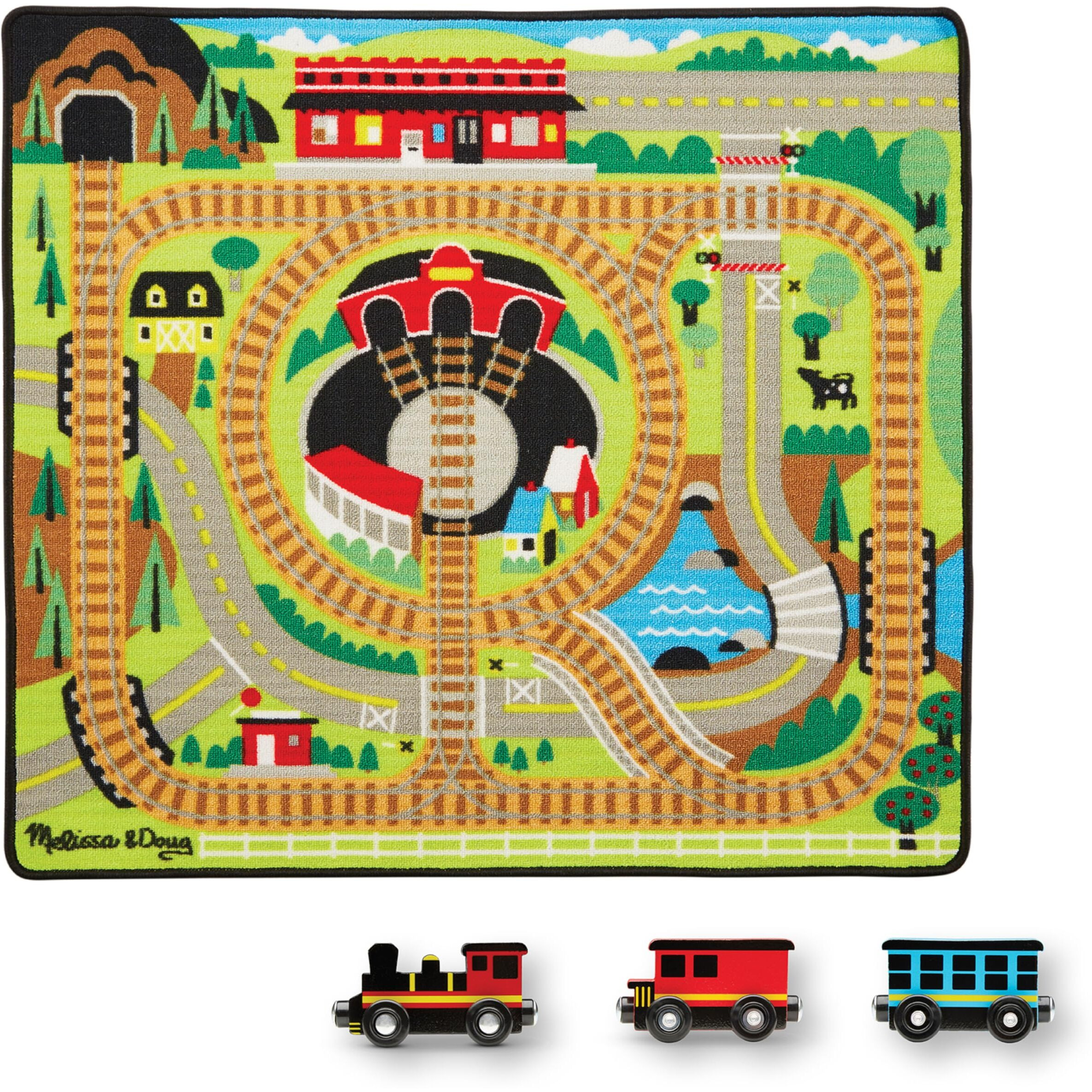 Melissa & Doug Round The Rails Train Activity Play Rug, 3 Wooden Train Cars (39"" X 36"")