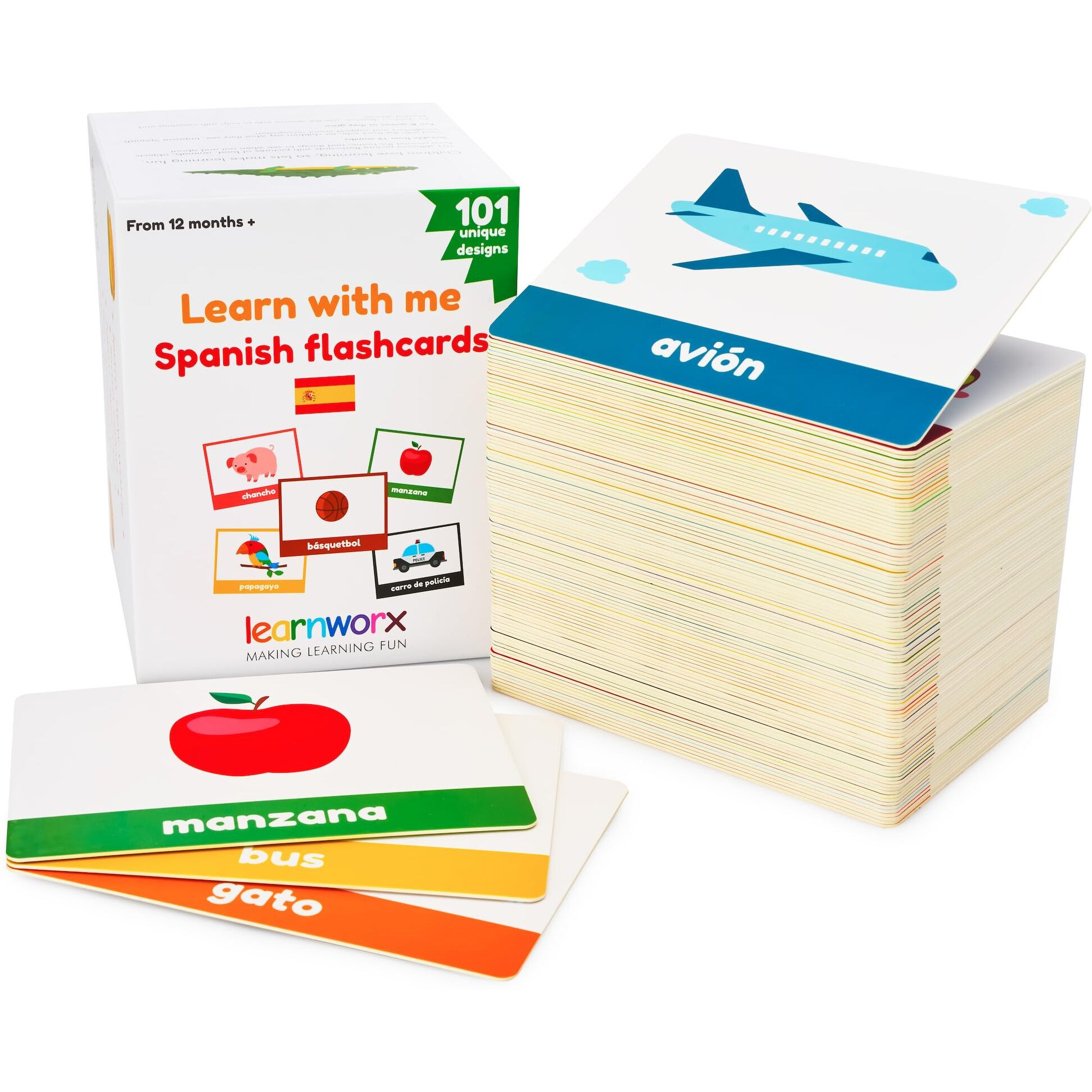 Spanish Flash Cards For Kids & Toddlers - 101 Cards - 202 Sides - Learn With Me - Objects, Numbers & Play Games - Great Value, Fun Learning And Educational Flashcards