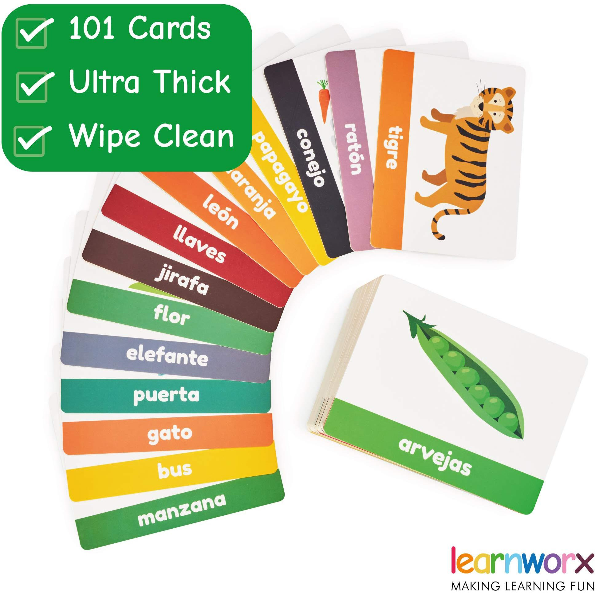 Spanish Flash Cards For Kids & Toddlers - 101 Cards - 202 Sides - Learn With Me - Objects, Numbers & Play Games - Great Value, Fun Learning And Educational Flashcards