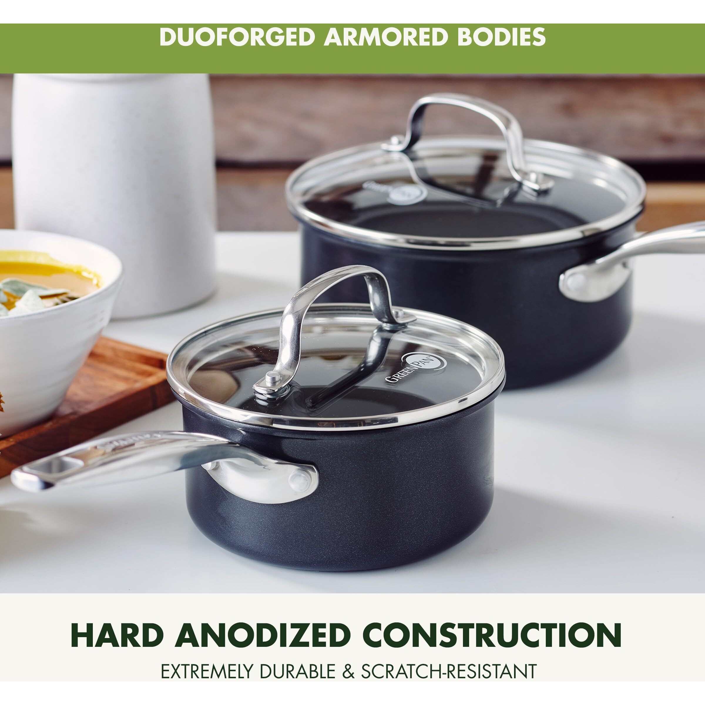 Greenpan Prime Chatham 1Qt & 2Qt Saucepan Pot Set With Glass Lids, Hard Anodized Diamond Infused Ceramic Nonstick, Pfas-Free, Dishwasher Safe, Oven Safe, Multipurpose Chefs Pan, Stay-Cool Handle,Black
