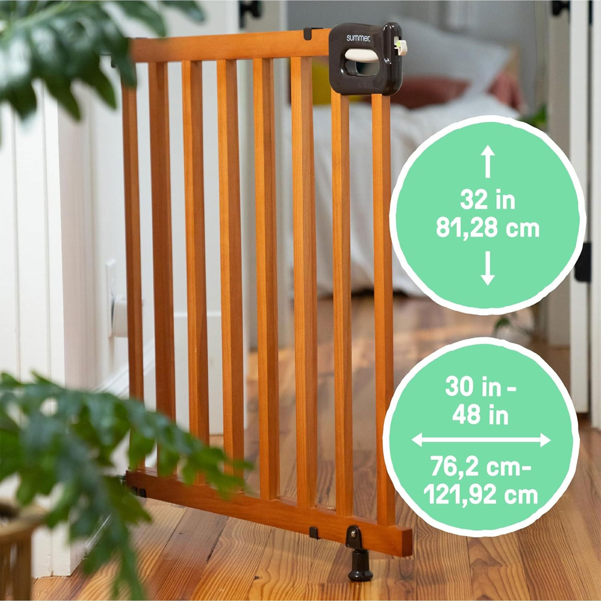 Summer Wood Banister & Stair Safety Pet And Baby Gate, 32""-48"" Wide, 33"" Tall, Install Banister To Banister Or Wall, Or Wall To Wall In Doorway Or Stairway, Banister And Hardware Mounts - Cherry