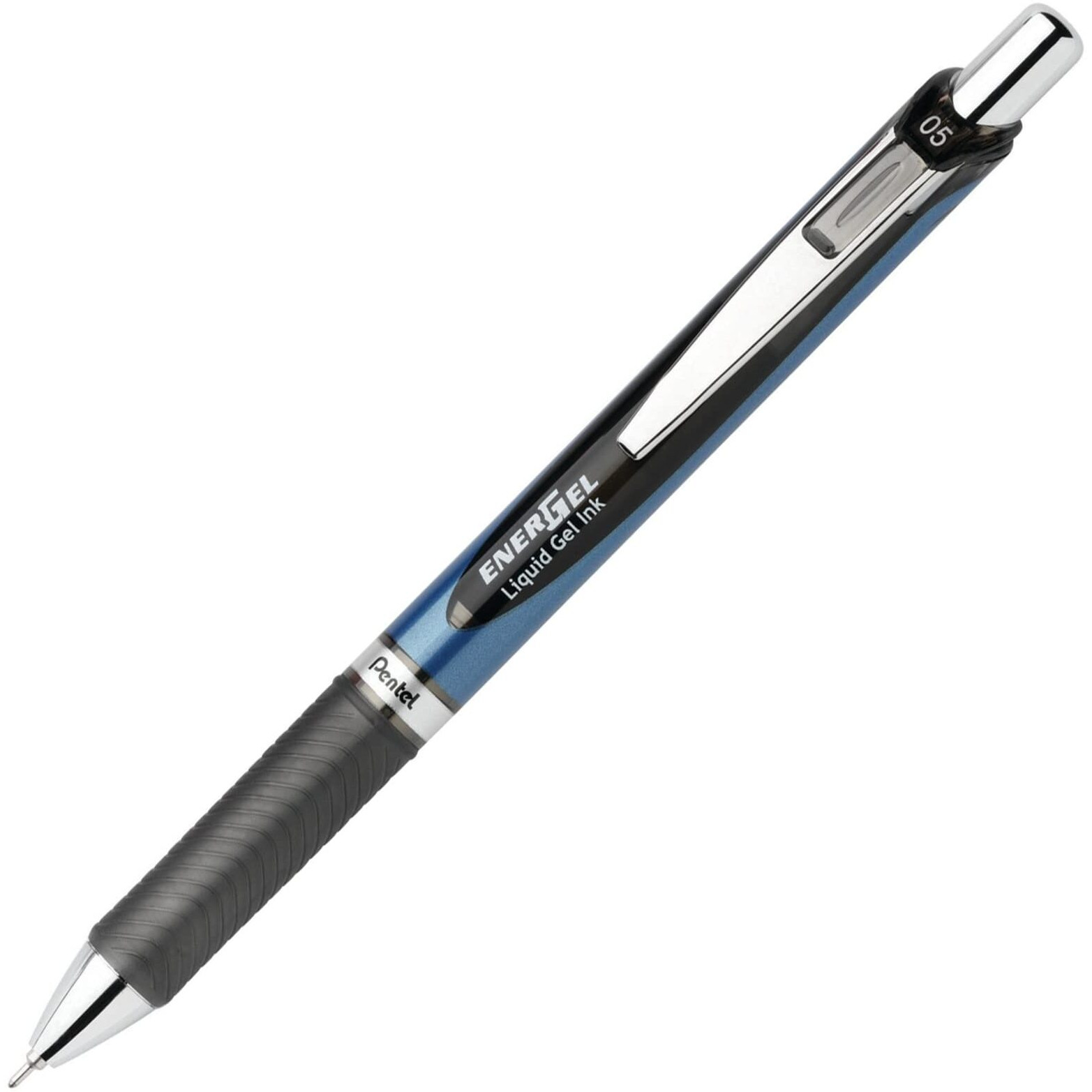Pentel Energel Deluxe Rtx Retractable Liquid Gel Pens, Fine Point, 0.5 Mm, 54% Recycled, Blue Barrel, Black Ink, Pack Of 12 Pens