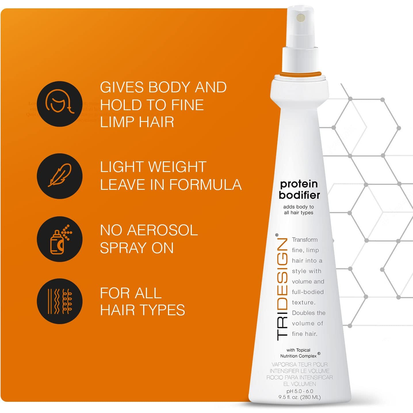 Tri Design Protein Bodifier - Volumizing Hairspray For Full-Bodied Texture - Ideal For All Hair Types - Nourishes And Enhances Hair For Lift, And Body To Fine, Thin, Or Limp Hair - 9.5 Oz