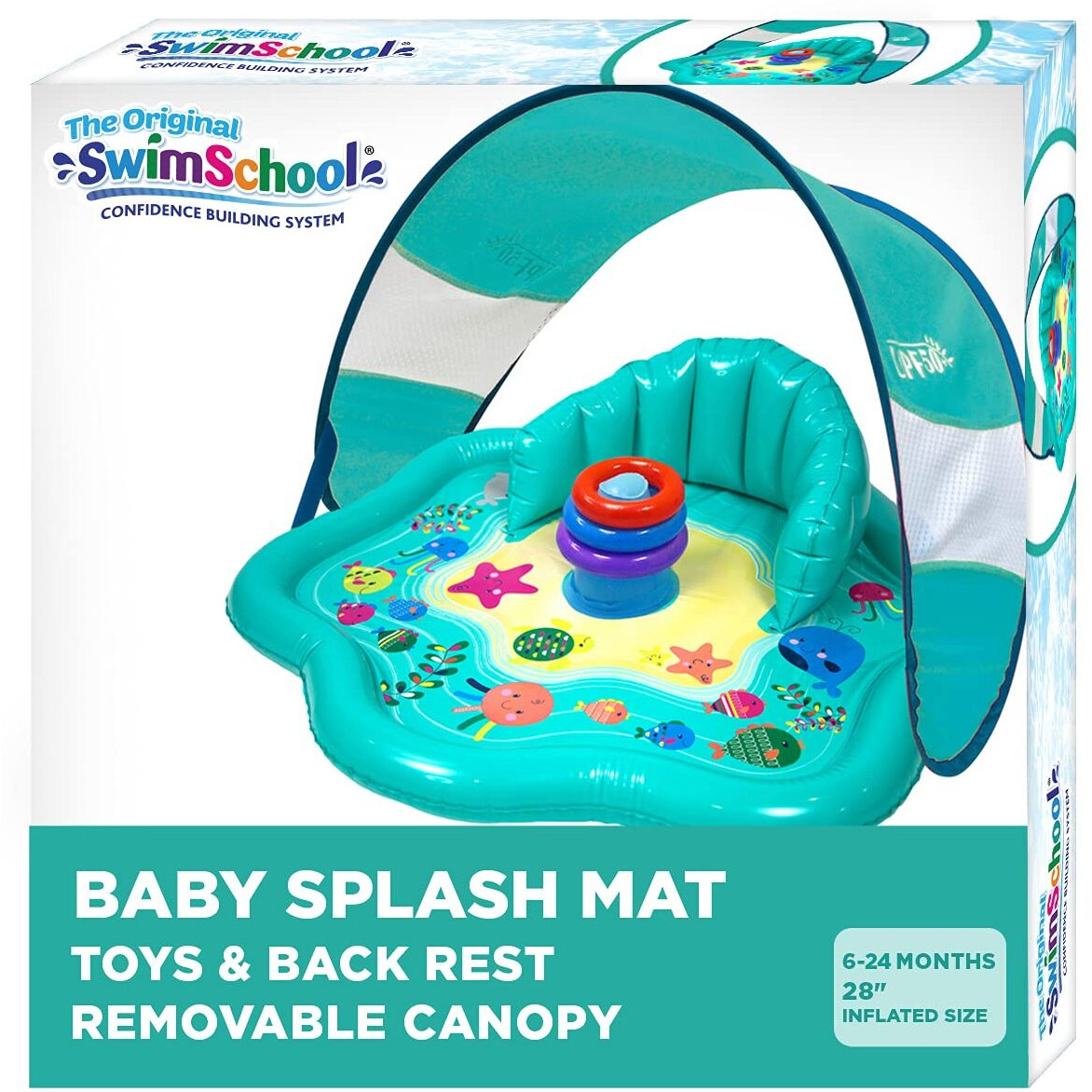 Swimschool Baby Splash Play Mat With Adjustable Canopy - Inflatable Play Pool For Babies & Infants With Backrest - Includes Baby Water Toy Rings