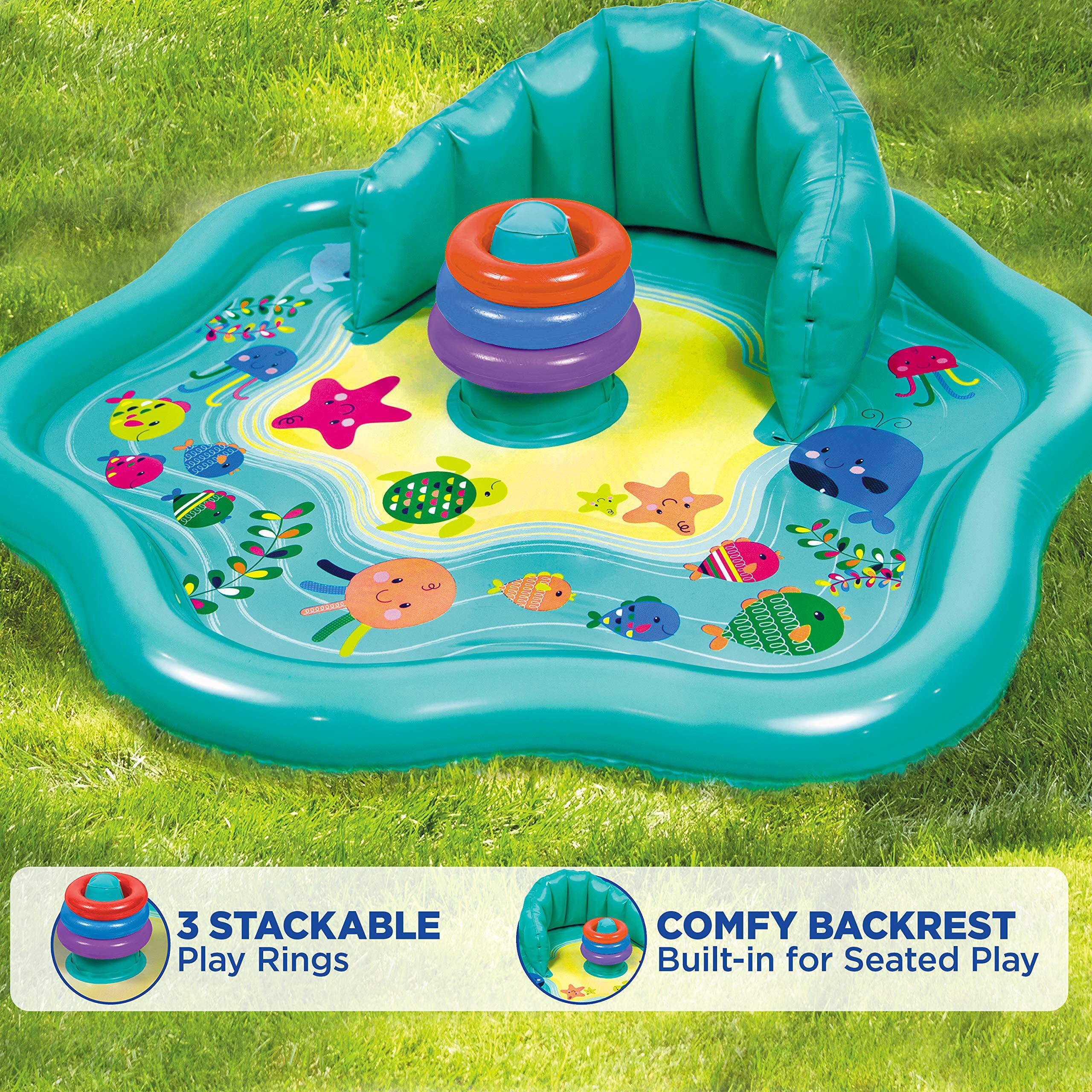 Swimschool Baby Splash Play Mat With Adjustable Canopy - Inflatable Play Pool For Babies & Infants With Backrest - Includes Baby Water Toy Rings