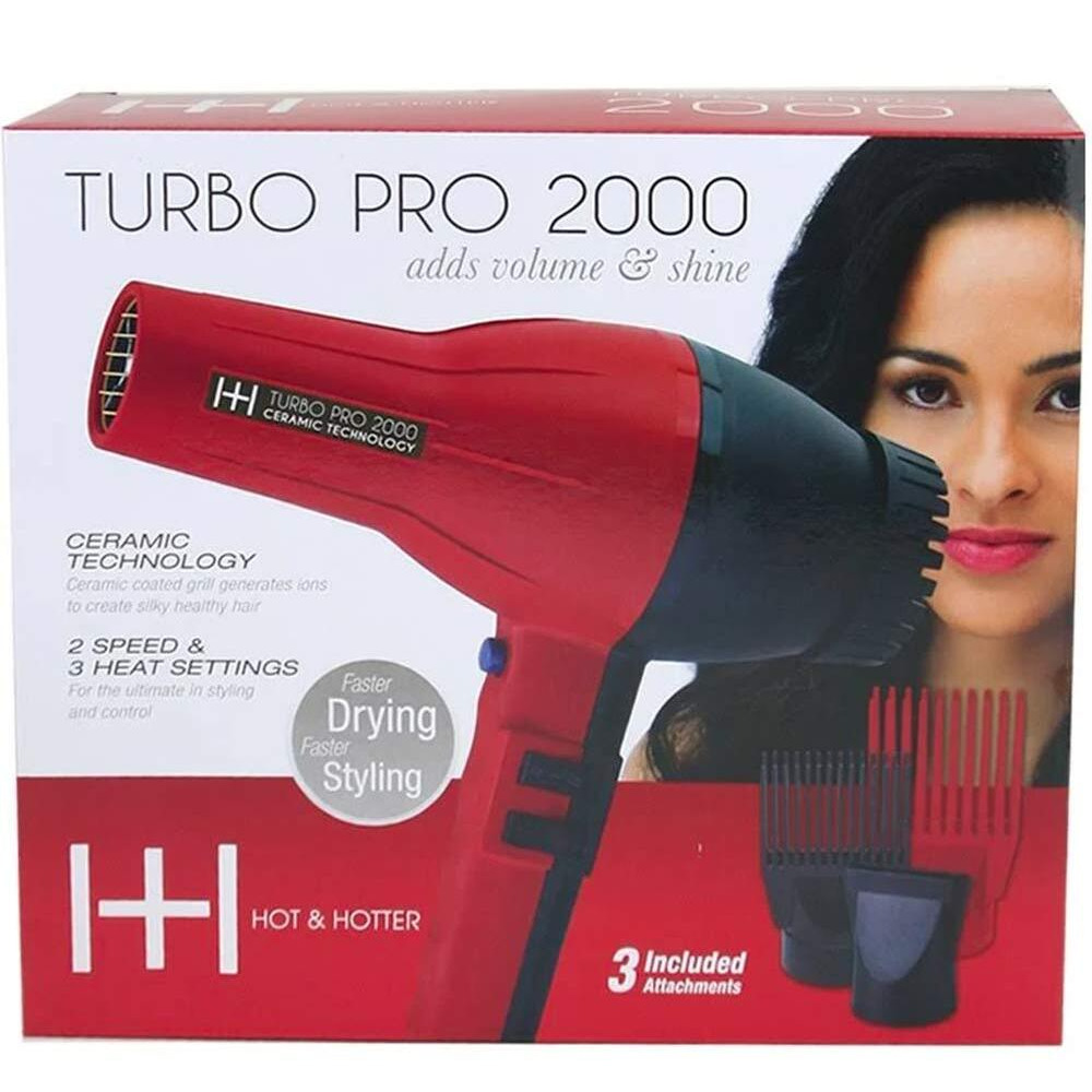 Annie- Hot And Hotter Salon Turbo Pro-2000 Ionic Hair Dryer - Red - Ceramic - (2) Hair Pick Attachments And (1) Concentrator Attachment