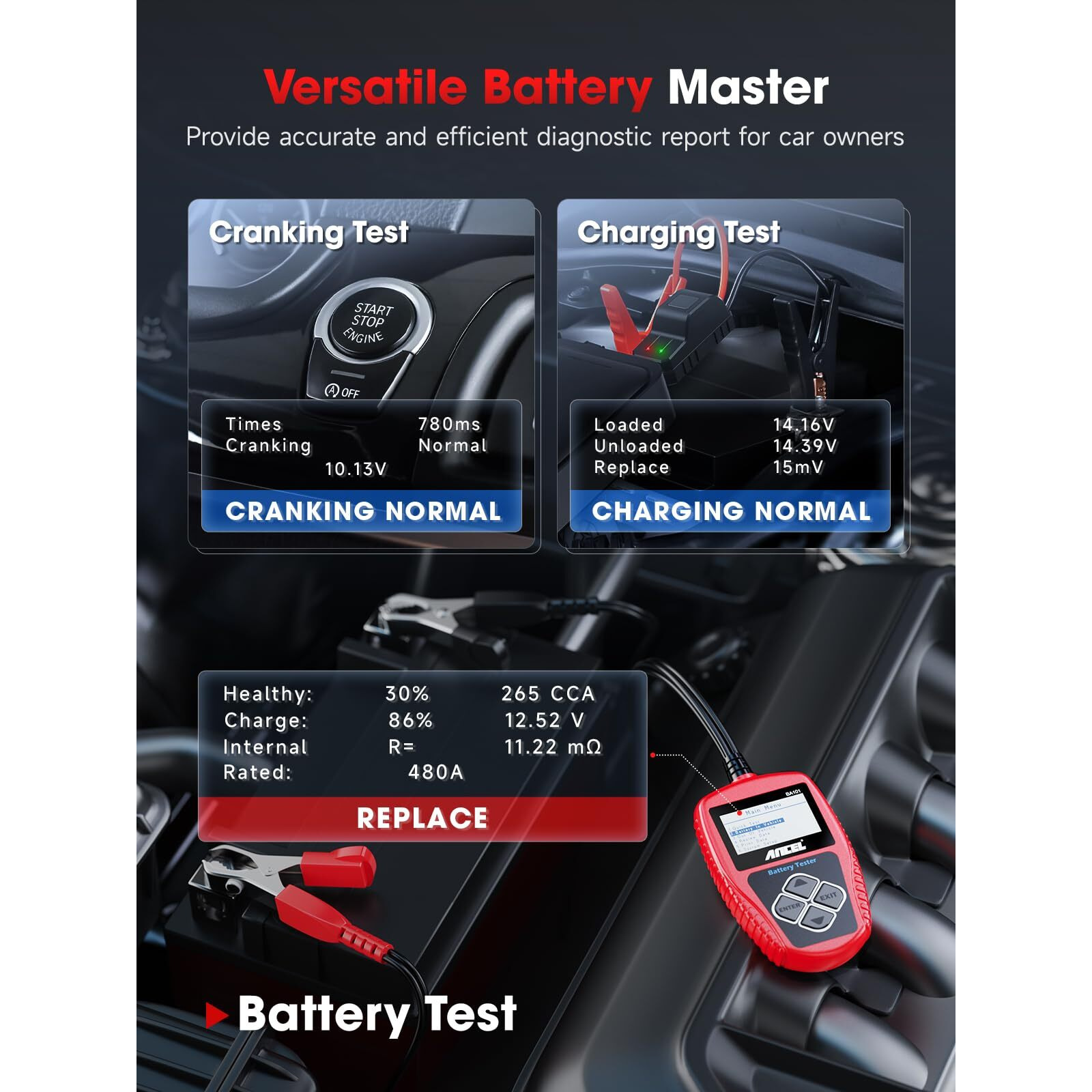 Ancel Ba101 Car Battery Tester 12V - Digital Automotive Batteries & Alternator Diagnostic Tool, 100-2000 Cca Load Capacity, Charging & Cranking Analysis For Motorcycle, Truck, Boat, Rv, Marine & More