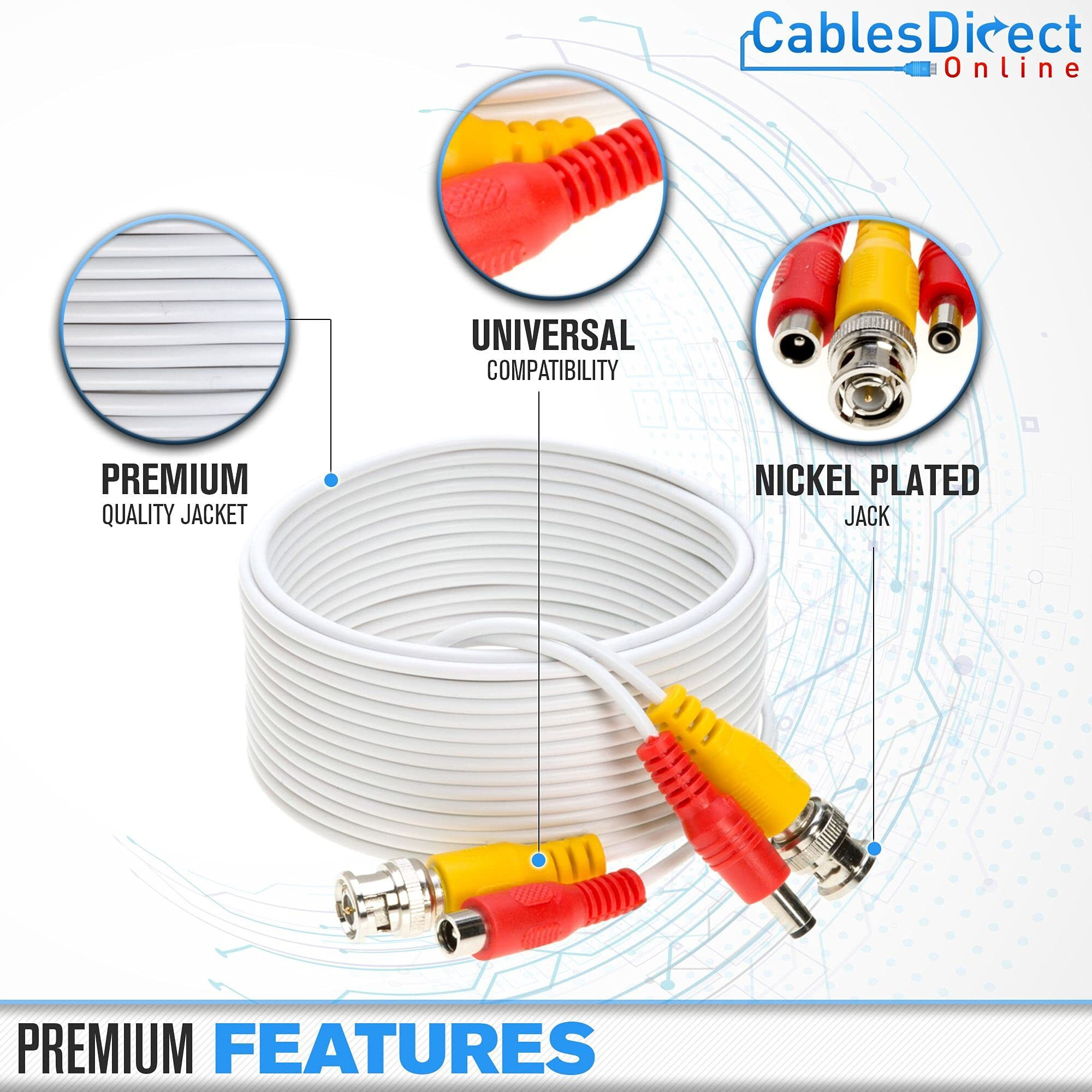 50Ft Black Premade Bnc Video Power Cable Extension Wire For Cctv, Security Camera, Dvr, Surveillance System, All In One Plug & Play Cord
